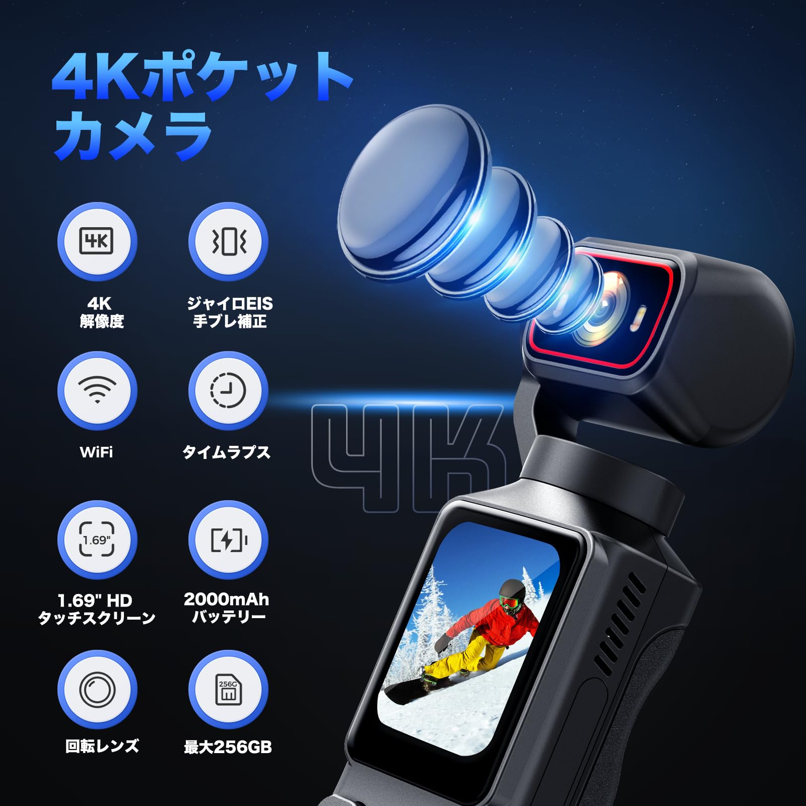 ウェアラブル 4K カメラ ヘッドマウント 手ぶれ補正 WiFi対応 Vlog用 ヘッドマウントカメラ ウェアラブルカメラ WiFi ビデオカメラ 広角
