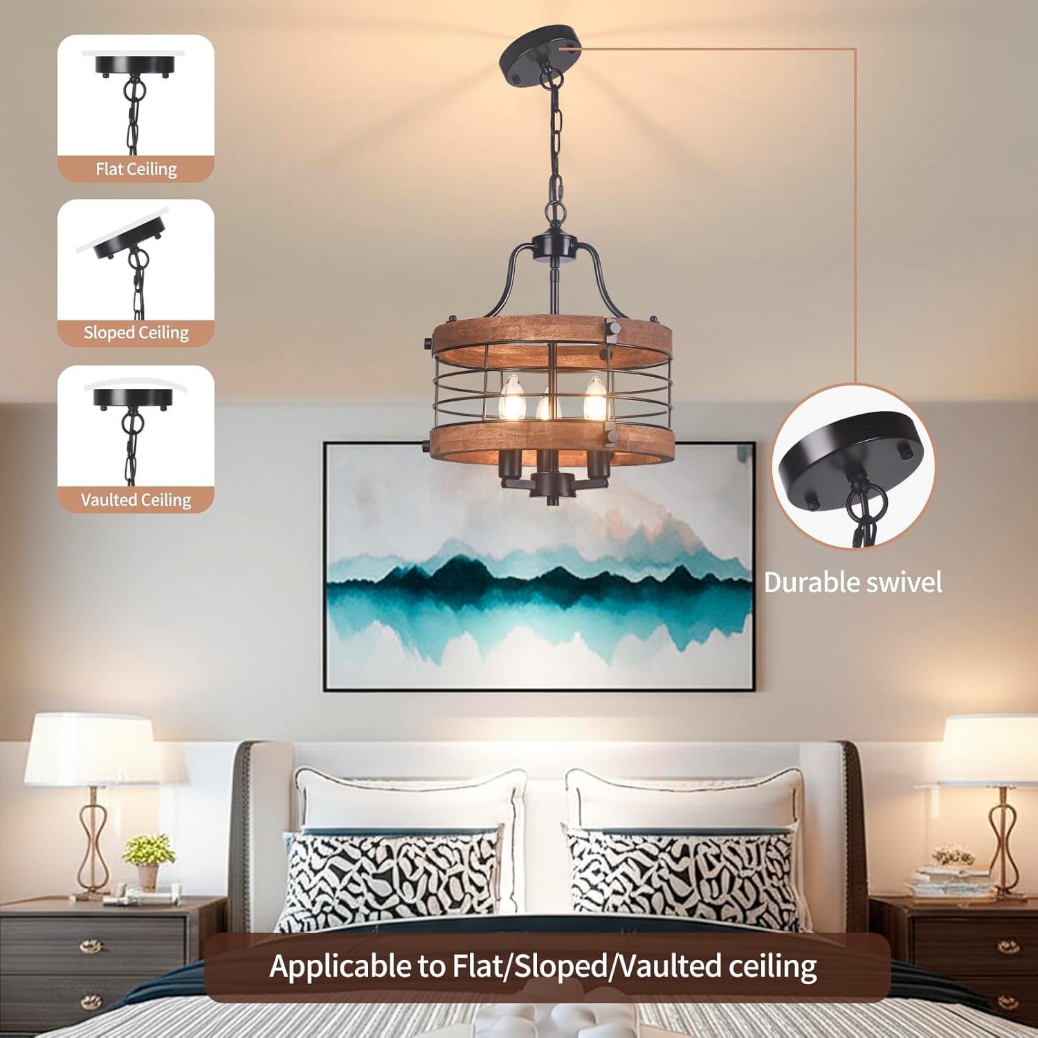Farmhouse Wood Chandelier Vintage Ceiling Light, Modern Metal & Wooden Circular 3 Lights, Rustic Drum Hanging Chandelier with Adjustable Chain Light Fixtures for Dining Room Entryway Foyer(Black)