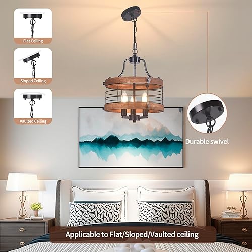 Miniatura 3 de Lámpara de techo vintage de madera estilo granja, 3 luces circulares modernas de metal y madera, lámpara colgante de tambor rústico con cadena