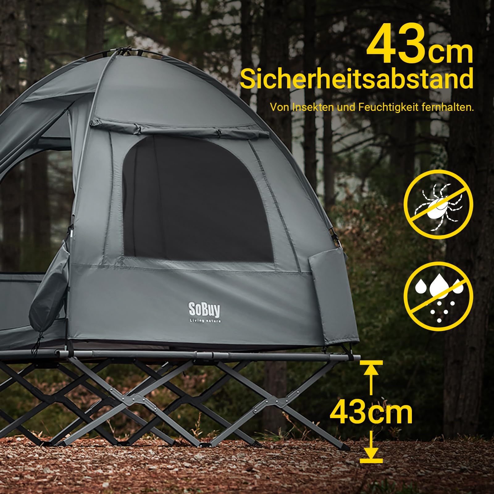 SoBuy Feldbett mit Zelt Grau 4in1 Zelt auf Stelzen mit Rolltasche Wasserdichtes Campingbett Outdoor Campingliege Familienzelt ohne Matratze Angelzelt Grau