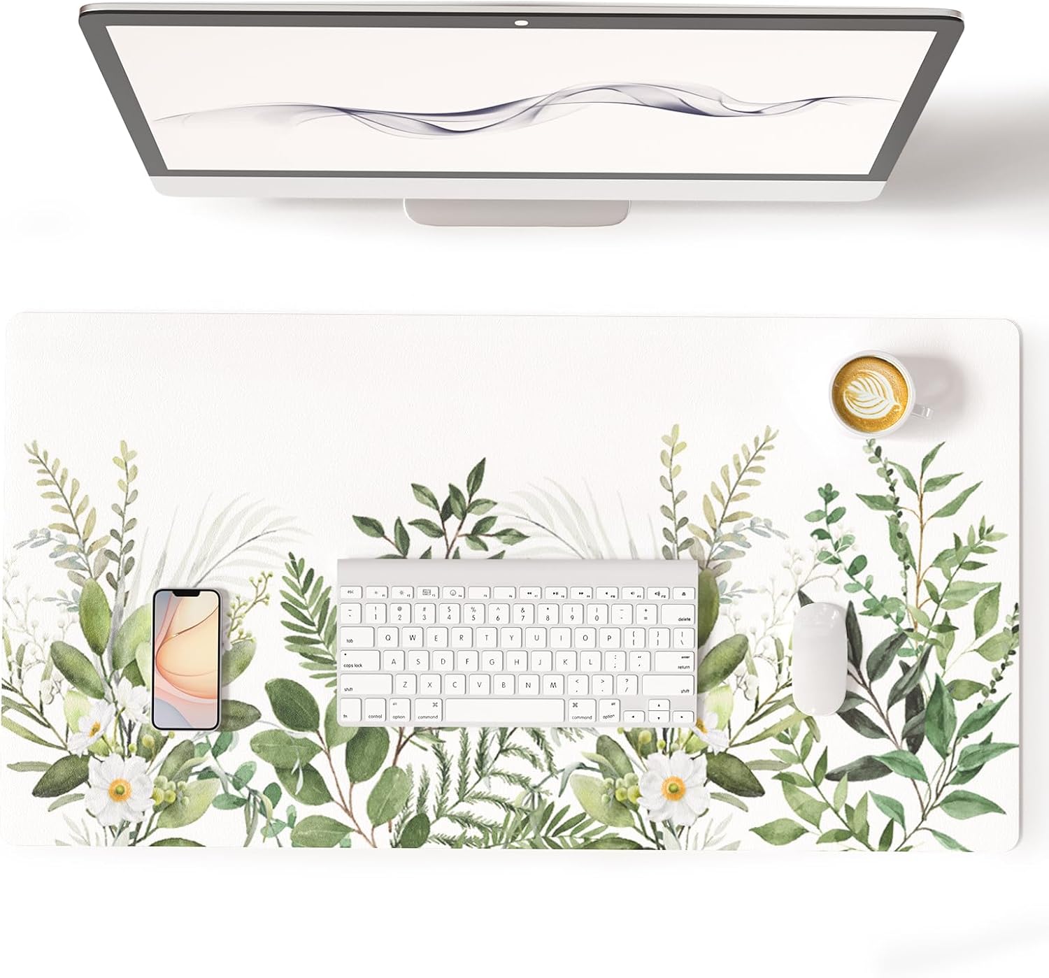 Colorful Star Large Mouse Pad, Green Leaves Waterproof Office Desk Mat, Non-Slip Computer Gaming Mouse Pad, XXL PC Laptop Protector Pads, PU Leather Desk Writing Pads for Office Home, 31.5" x 15.7"