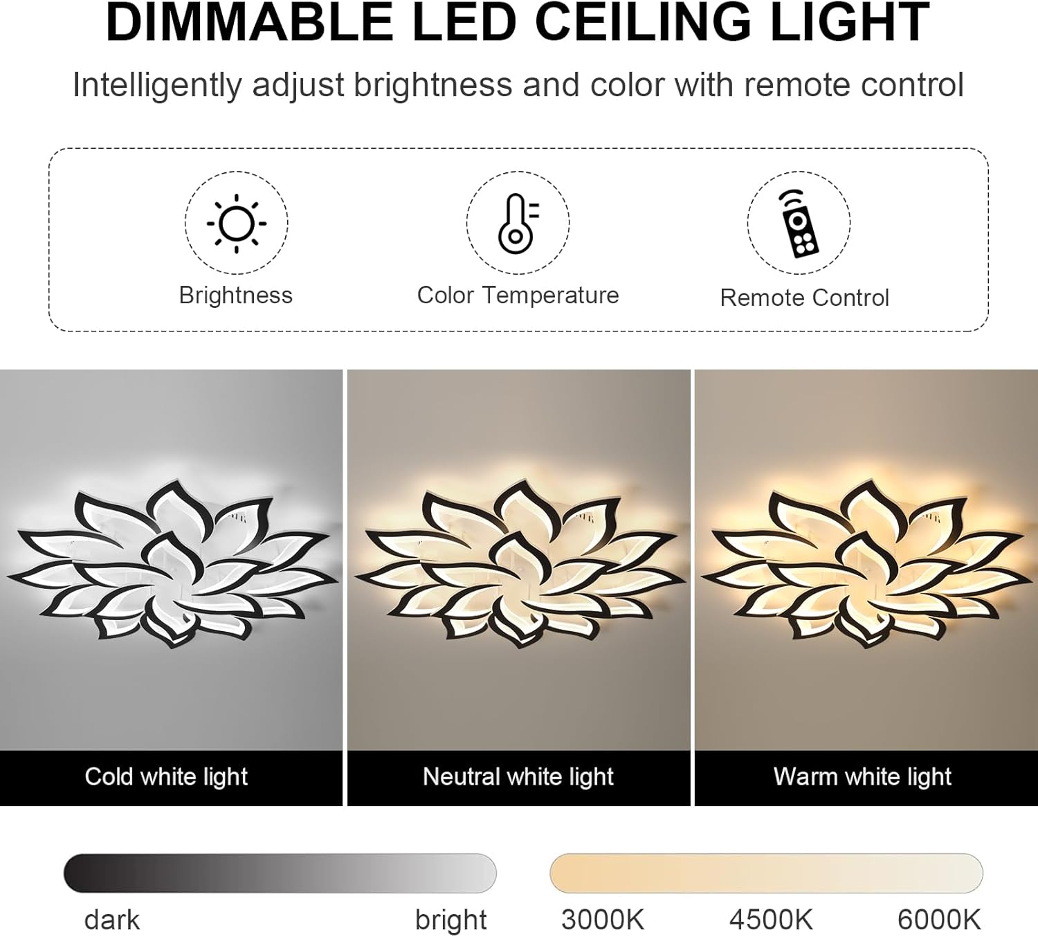 JAYMP 39.4" Flower Shaped Ceiling Light Dimmable Modern Ceiling Lamp Remote Control LED Lighting Fixture for Living Room Dining Room Farmhouse (Black/18 Petals)