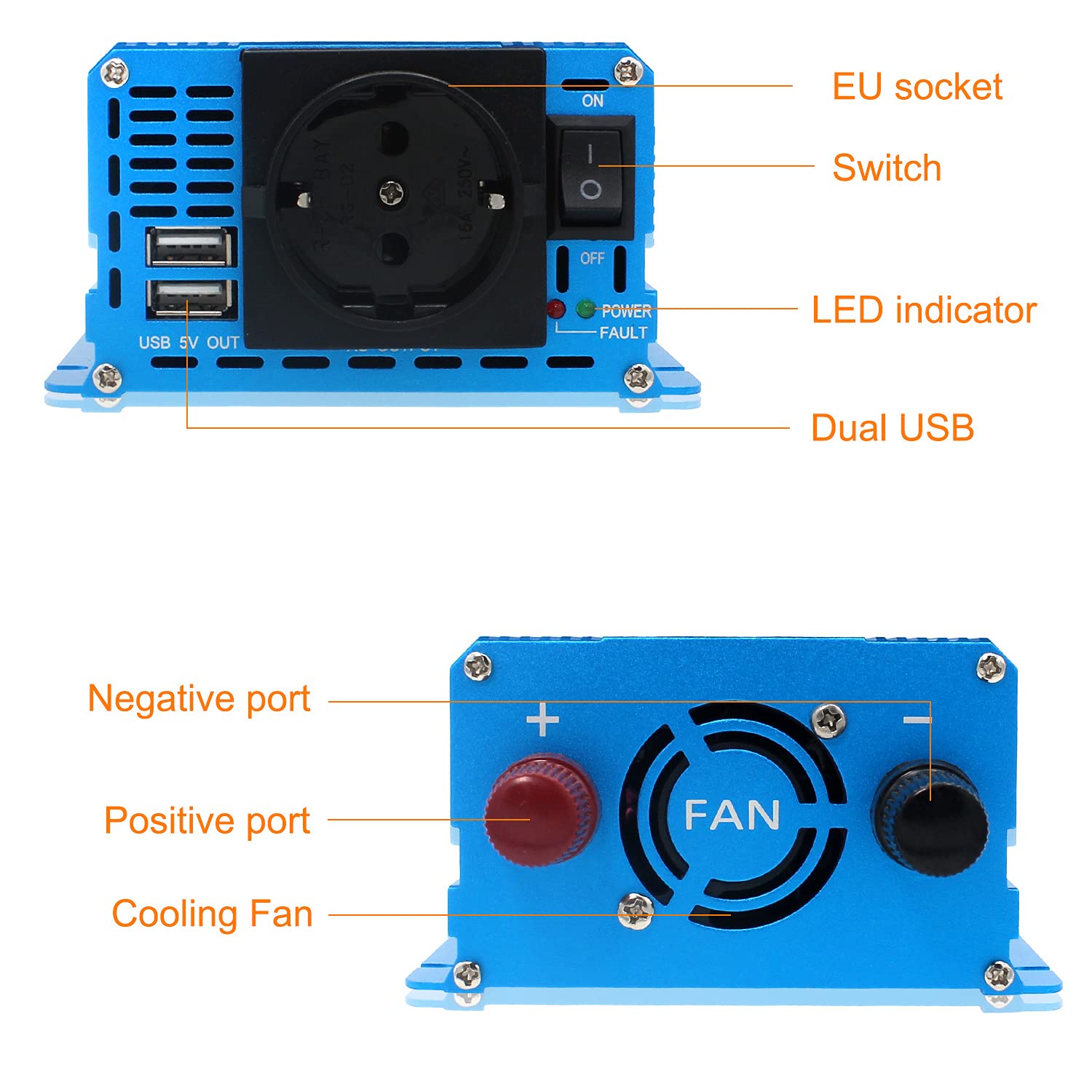 Cantonape 1000W KFZ Reiner Sinus Spannungswandler-Auto Wechselrichter 24v auf 230v Umwandler-Inverter Konverter mit 1 EU Steckdose und 2 USB-Port - Spitzenleistung 2000 Watt