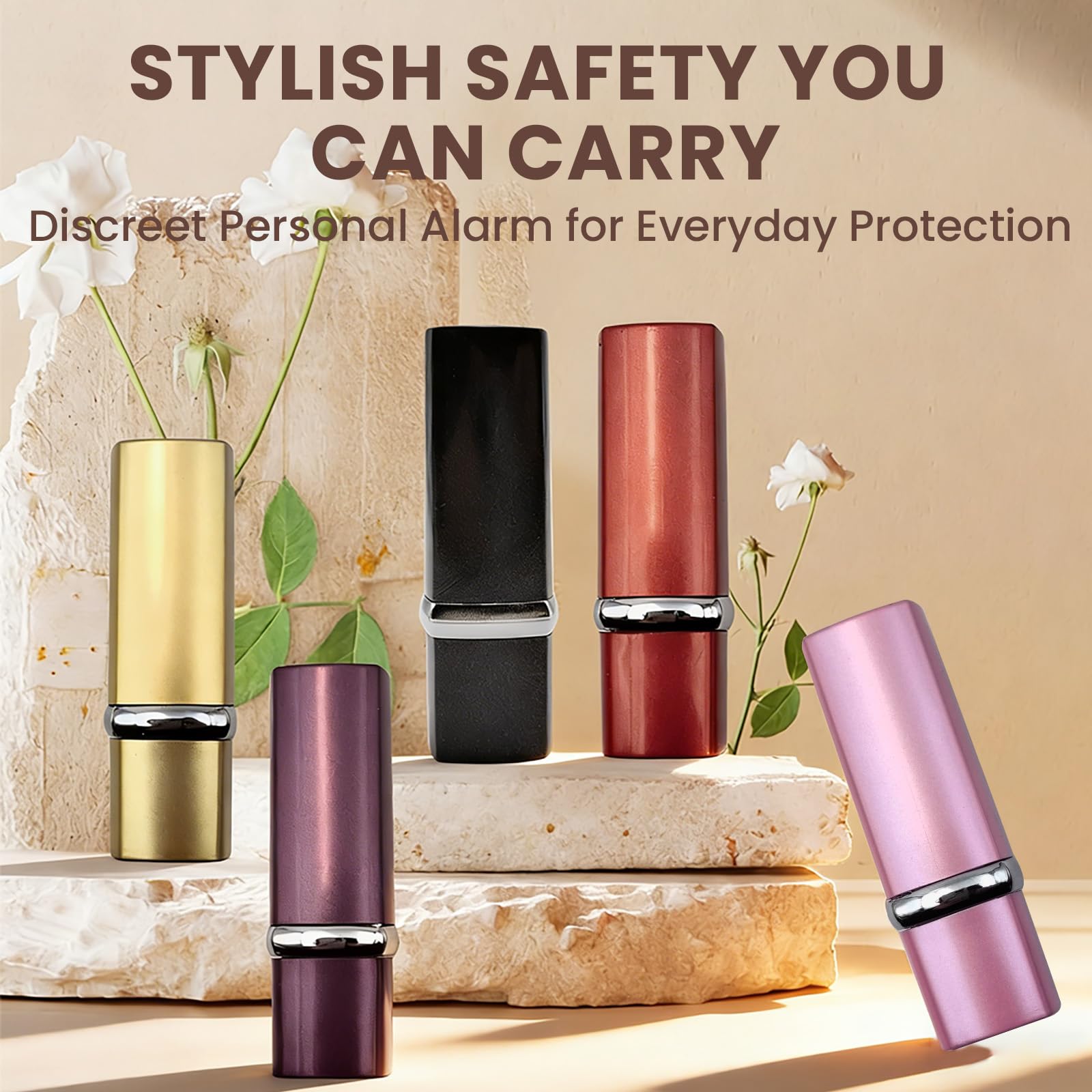 Lot de 5 alarmes personnelles pour femme, alarme de sécurité puissante de 120 dB, alarme d'autodéfense discrète en forme de rouge à lèvres, alarme d'urgence facile à tirer, mini appareil de