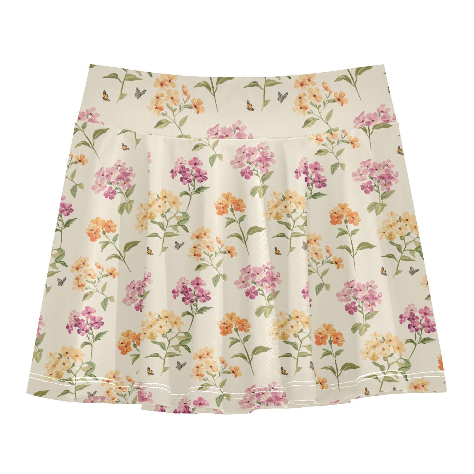 Retro Flowers Beige Girls Tennis Skirts with Built in Shorts Flowy Little Girl Skirts Scort Skirt for Kids with Pockets 4-12Y