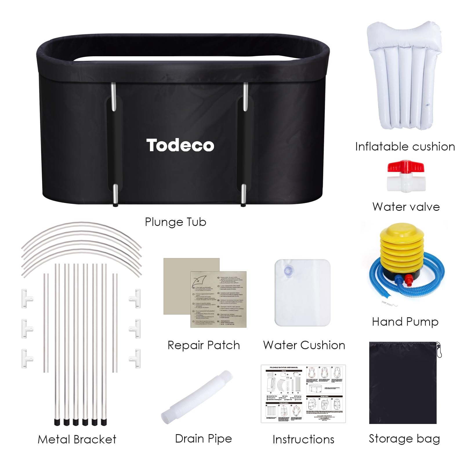 Todeco Bañera plegable para adultos - Portátil con marco de metal 140x57x57cm, gran familia SPA, bañera de spa móvil para ducha, baño caliente, baño de hielo - Negro