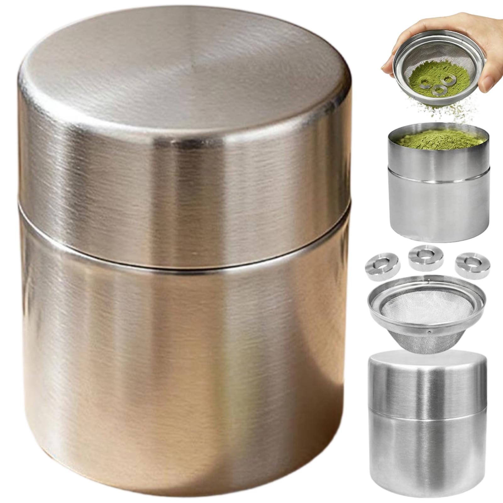 Matcha Shaker Sifter Canister, Matcha Powder Sifter and Storage Container Airtight Tin Set, 304 Stainless Steel Mini Matcha Shaker Canisters with Agitator Rings,Mesh Fine Sieve for Coffee Cocoa Matcha