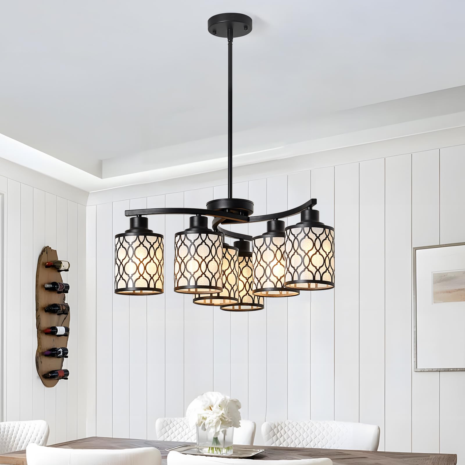 AIBISOD Black Chandelier, 6 Light Farmhouse Chandeliers for Dining Room Light Fixtures Over Table, Industrial Hanging Lighting with Metal Shade for