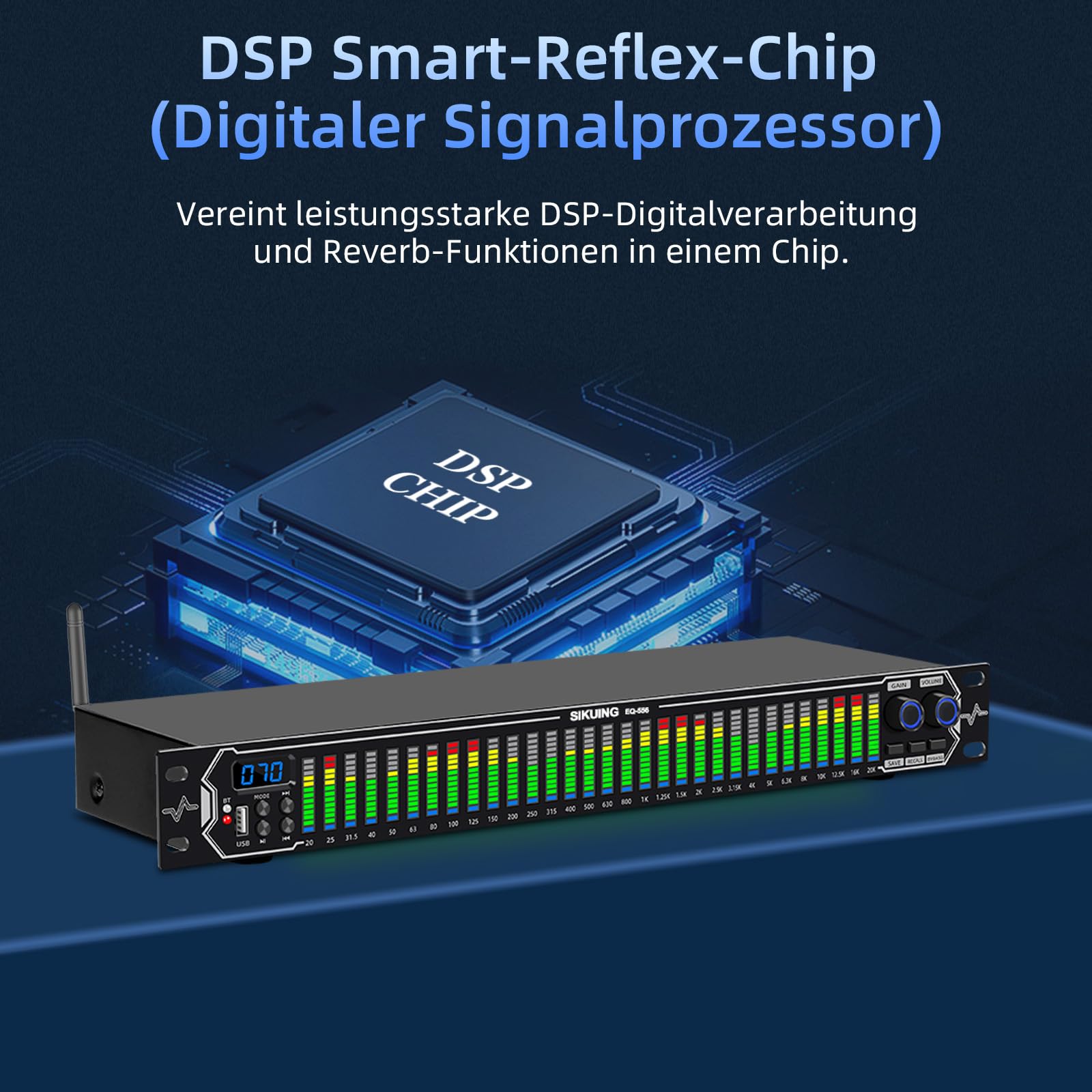 31-Band Digital Equalizer,LED-Musikspektrumanzeige,Stereo Dual-Channel mit 10 voreingestellten Modi,Bluetooth & USB,Noise-Canceling Funktion,Ideal für Zuhause,Partys und Bühnenauftritte EQ556