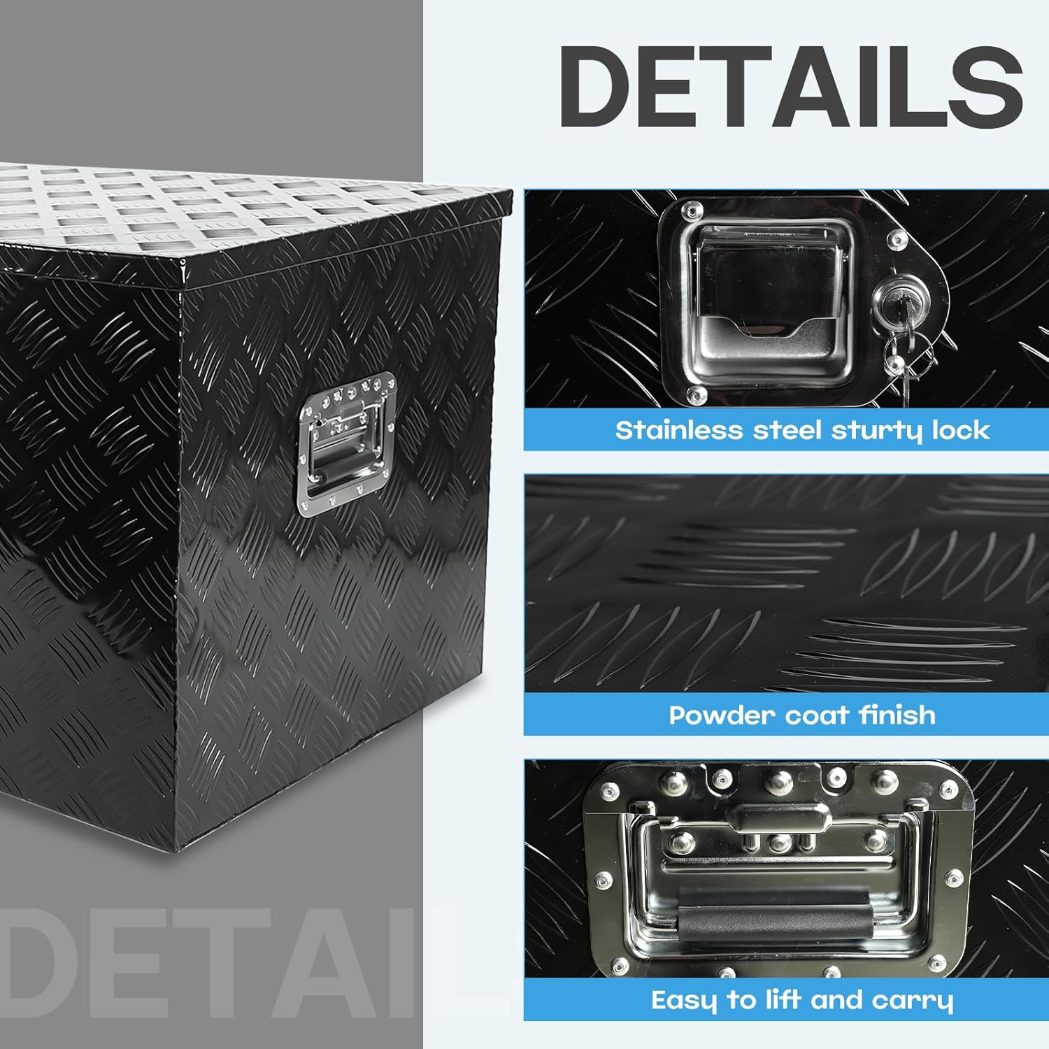 BLACKHORSE-RACING 48 Inch Heavy Duty Aluminum Tool Box Pick Up Truck Bed RV Trailer Toolbox Square Storage Organizer with Side Handle, Lock and Keys- Black48 x 19.5" x 17.5 "