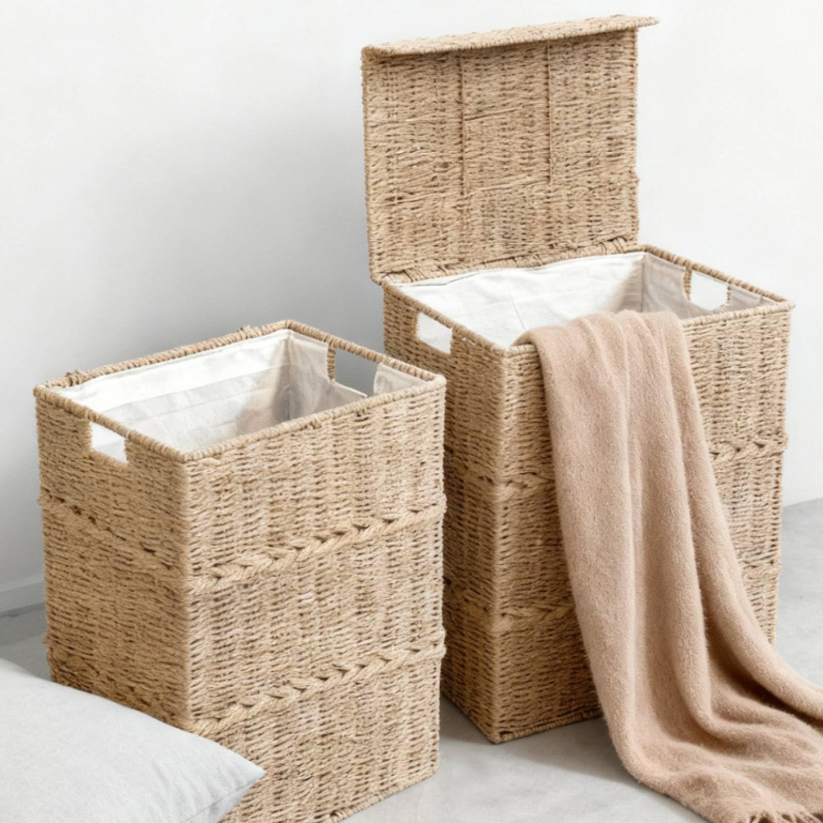 2 Stück Wäschekorb mit Deckel geflechtetes Rattan-Designoptik Aufbewahrungskorb dekorativ Aufbewahrungsbox, Set Aus 2 Wäschekörben Klein + Groß