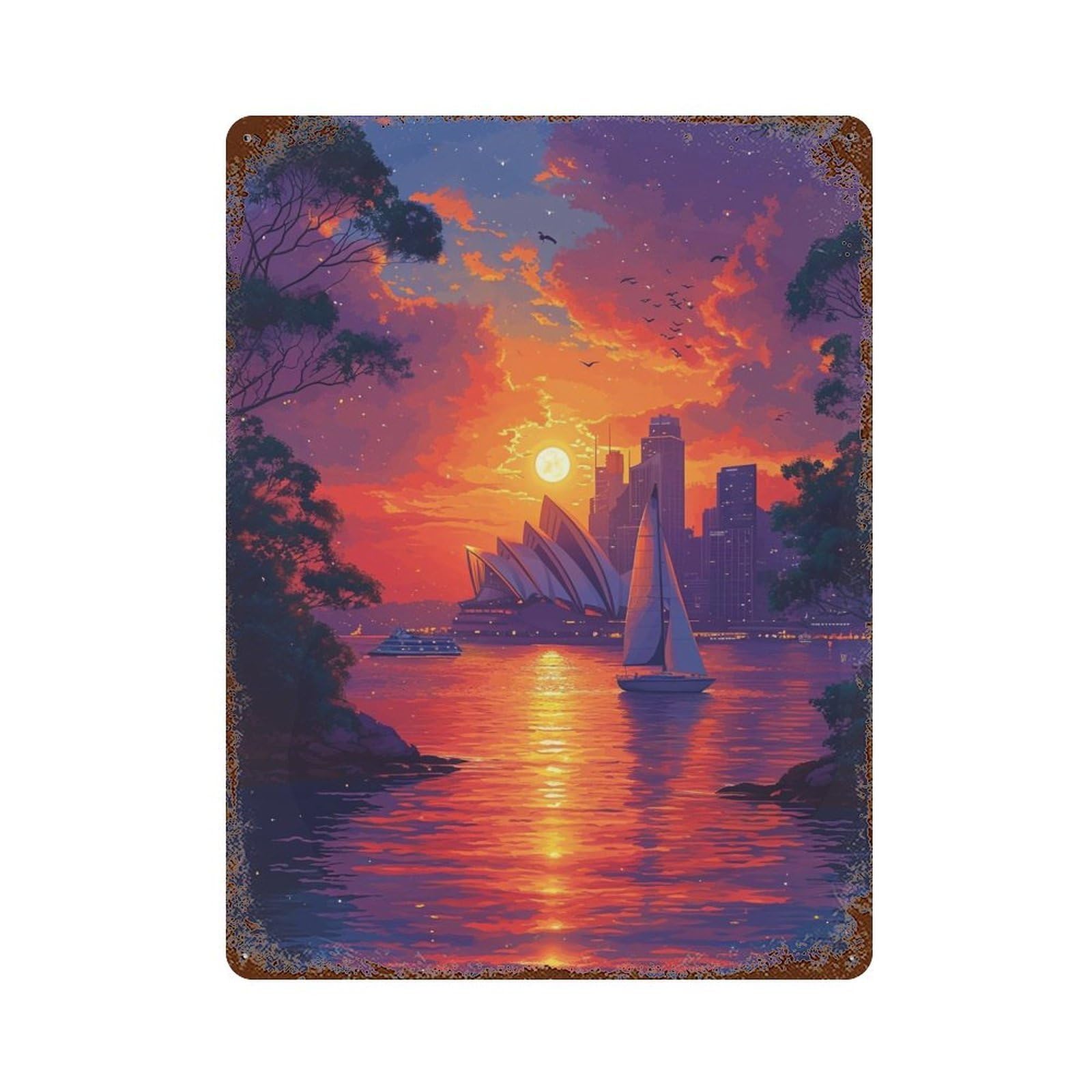 Sydney Opera House Sunset Distressed Metal Wall Sign 15.7"x11.8", Ideal for Pub, Kitchen And Man Cave Decor
