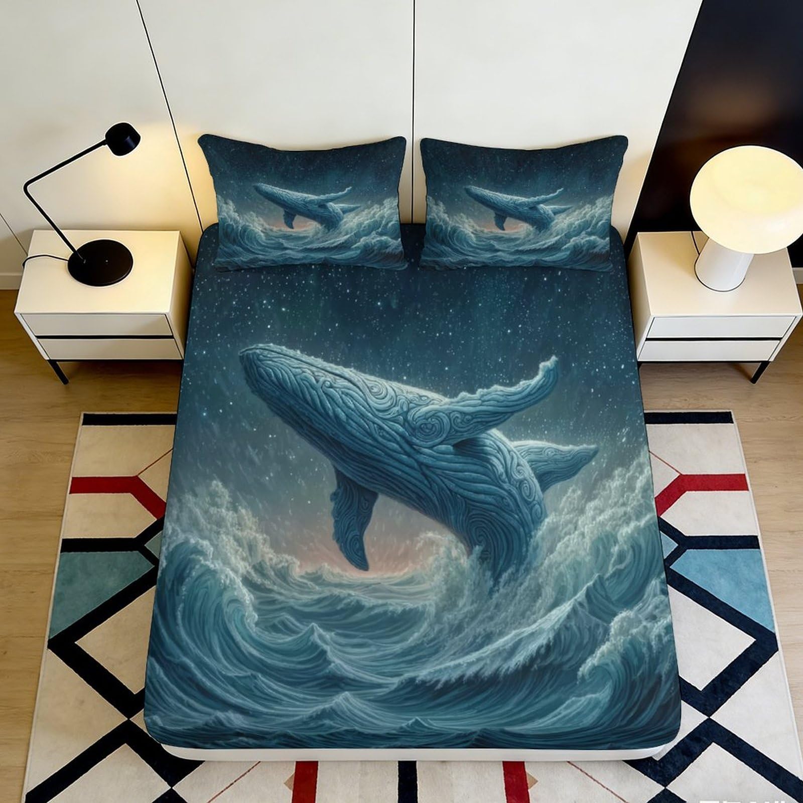 3D Printed Ocean Whale Fitted Sheet Microfiber Soft Deep Blue Wave Mattress Cover for Bedroom Guest Room Decor 90x200x25cm