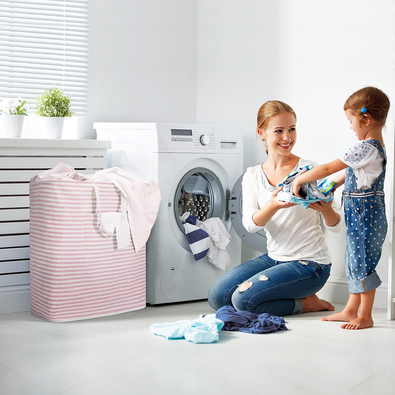 Jack&Chris Laundry Hamper,100L Freestanding Collapsible Extra Large Laundry Basket with Easy Carry Extended Handles Clothes Basket,Waterproof Storage Bags for Clothes Toys (100L, Pink)