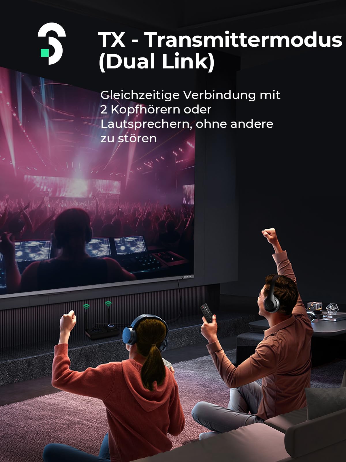SOOMFON Bluetooth 5.3 Sender Empfänger mit Doppelantenne, 3-in-1 BT Audio Adapter für 2 Kopfhörer, Bluetooth Transmitter Receiver für TV/Stereoanlage, mit Bildschirm & Lautstärkeregelung, Aux/Optisch