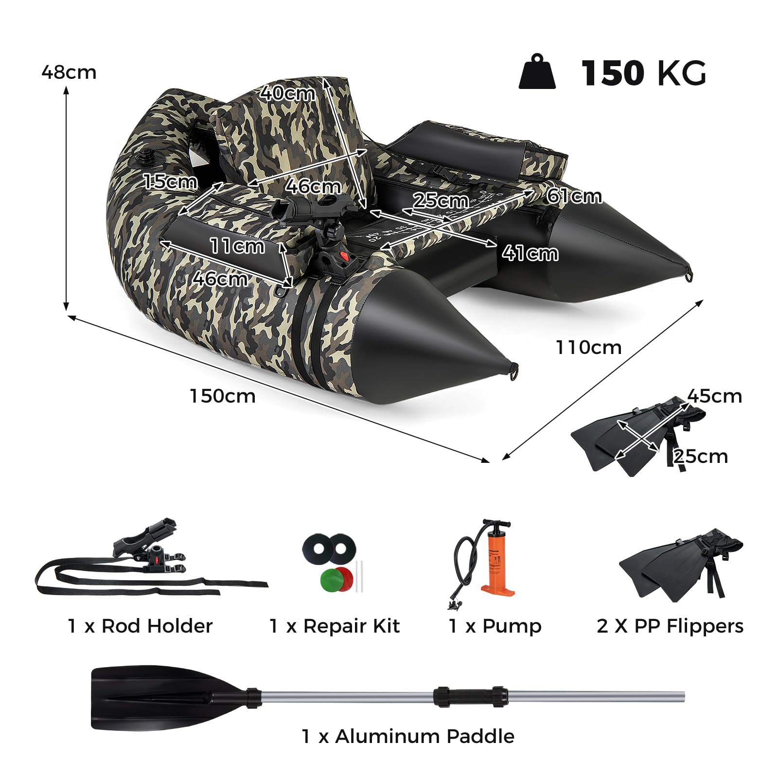 HOMASIS Barca da Pesca Gonfiabile a Forma di V, Barca Galleggiante Gonfiabile con Supporto per Canne con Stoccaggio di Attrezzature, Barche da Pesca a Mosca con Pinne, Remi e Pompa, 150 x 110 x 48 cm,