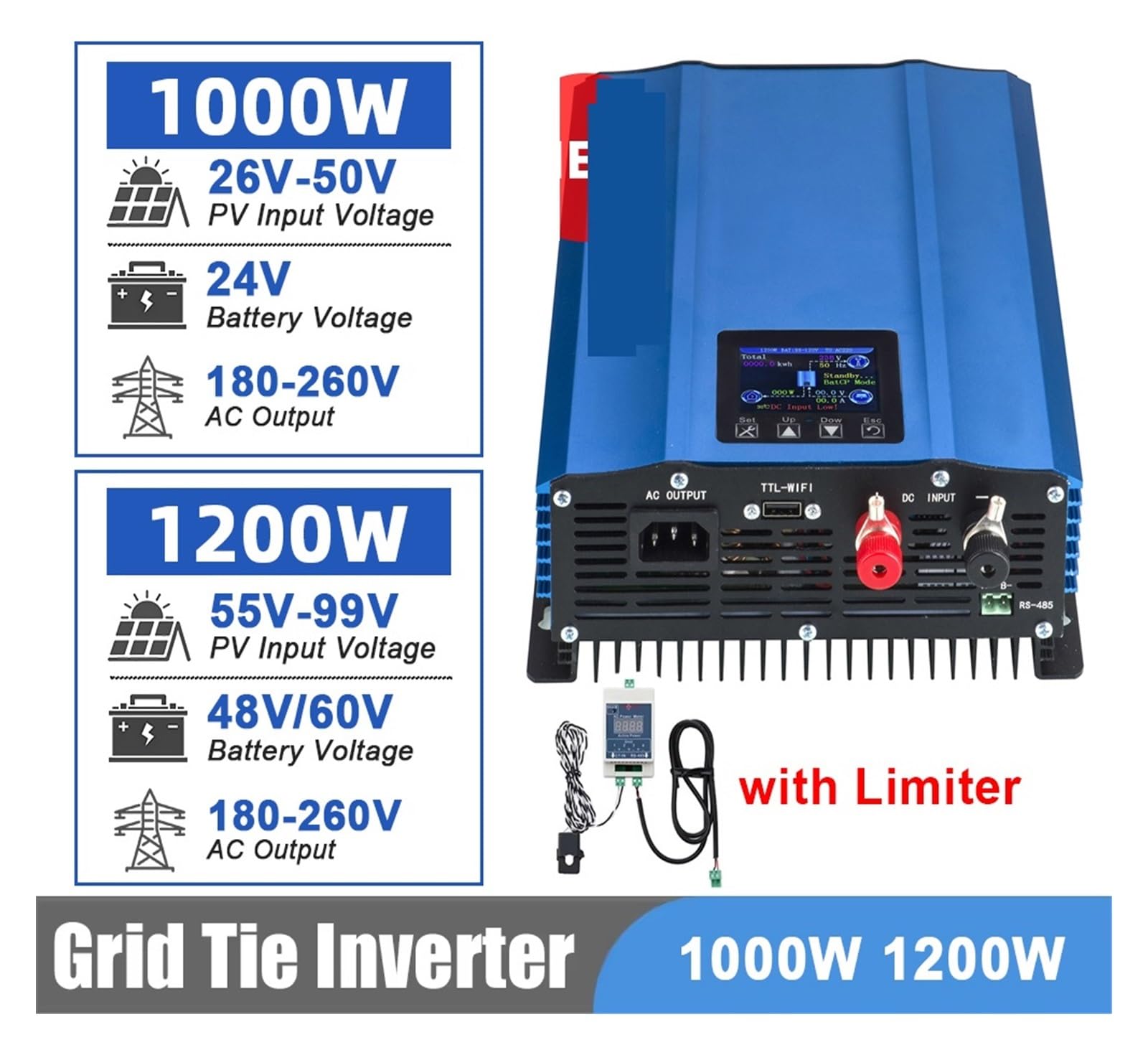 Inversor de conexión a Red de 1200 W y 1000 W con limitador, inversor Solar de Onda sinusoidal Pura, Modo de Descarga de batería, Entrada de 48 V/24 V Opcional(1200W 48V Bat)