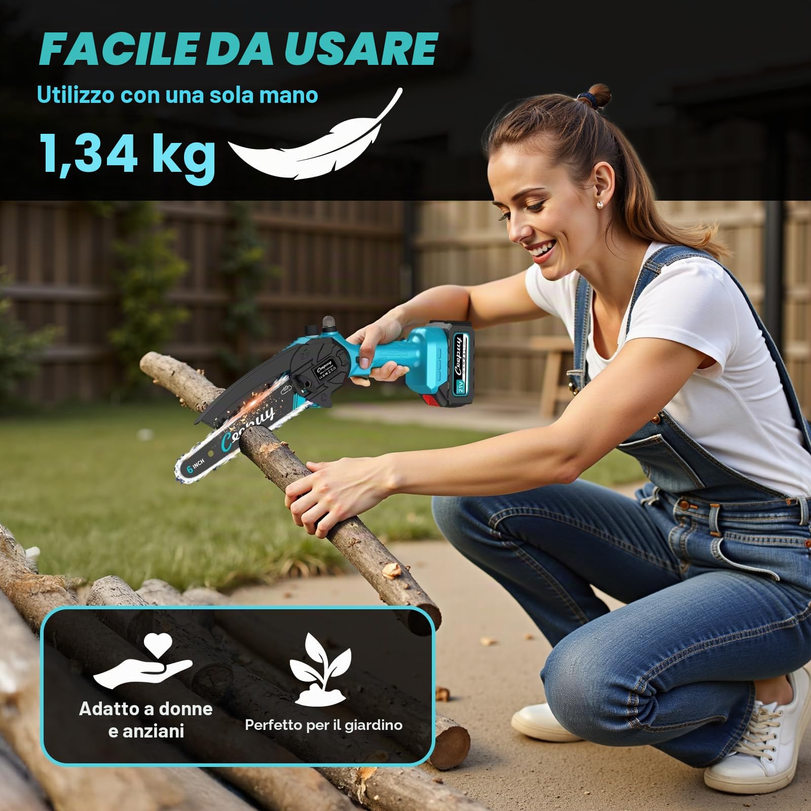 CEEPUY Mini motosega a batteria 2x4000 mAh, 6 pollici motosega elettrica senza fili con iniettore di olio e catena di ricambio, adatta per potatura di alberi da giardino (880W)