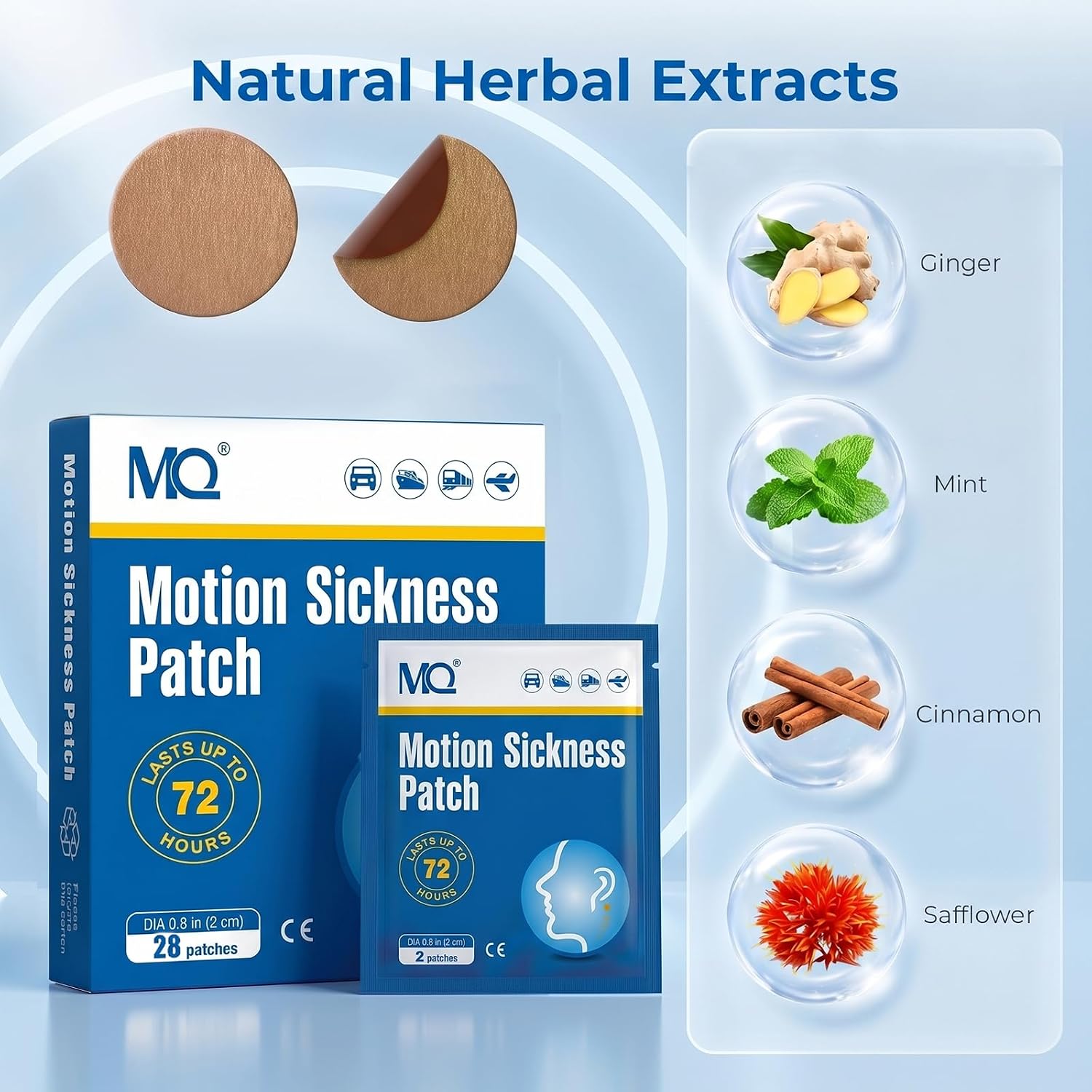 MQ Motion Sickness Patches for Cruise Travel, 28CT Sea Sickness Patches Behind Ear for All Ages, Non Drowsy Waterproof 72H Long Lasting for Car Airplane Altitude Sickness