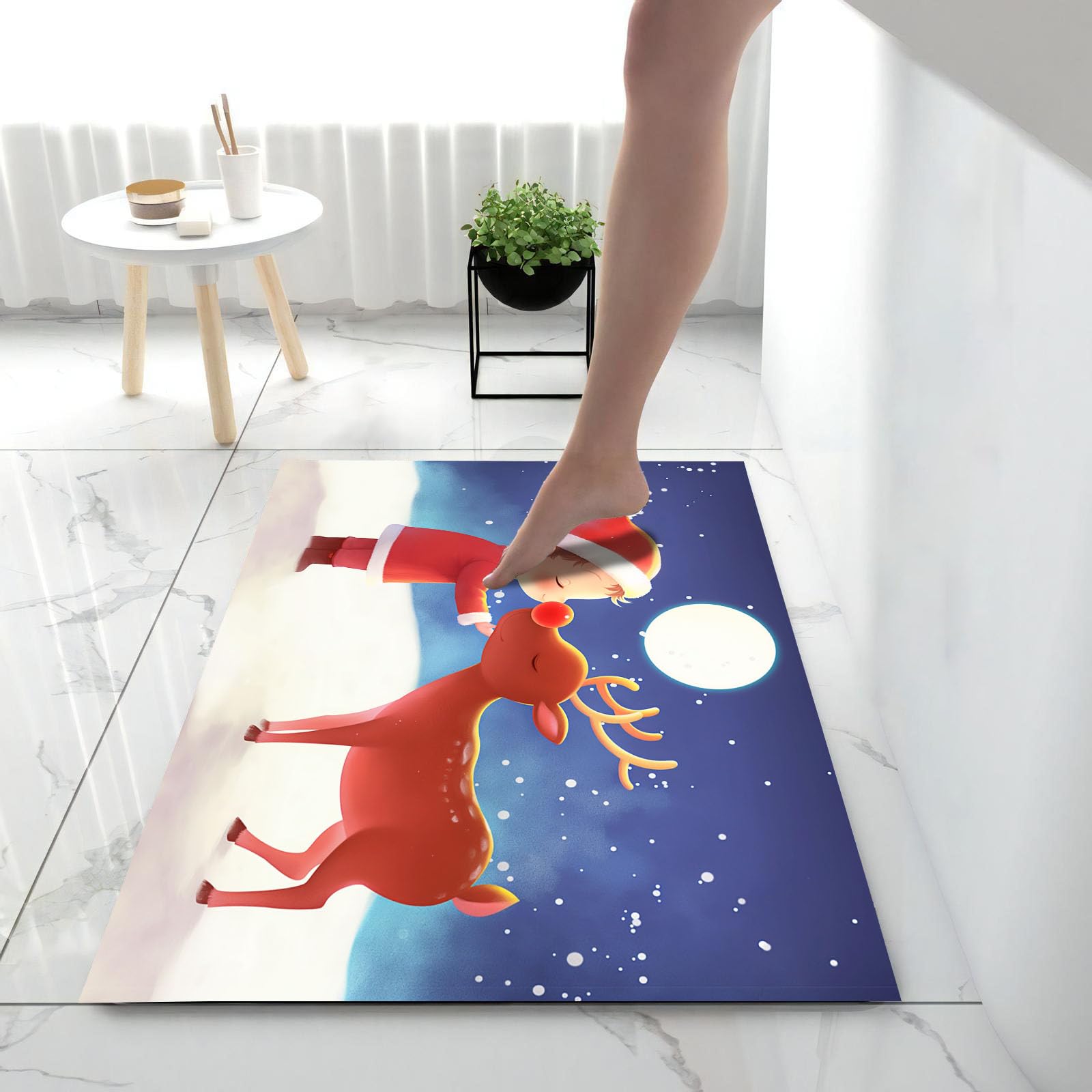 Felpudo de Interior 80x120cm, Diseño de Niño Reno, Lavable Antideslizante, Alfombrilla Dibujos Animados Plegable de Pelo Corto para Entrada, Alfombra Fácil de Limpiar, Púrpura
