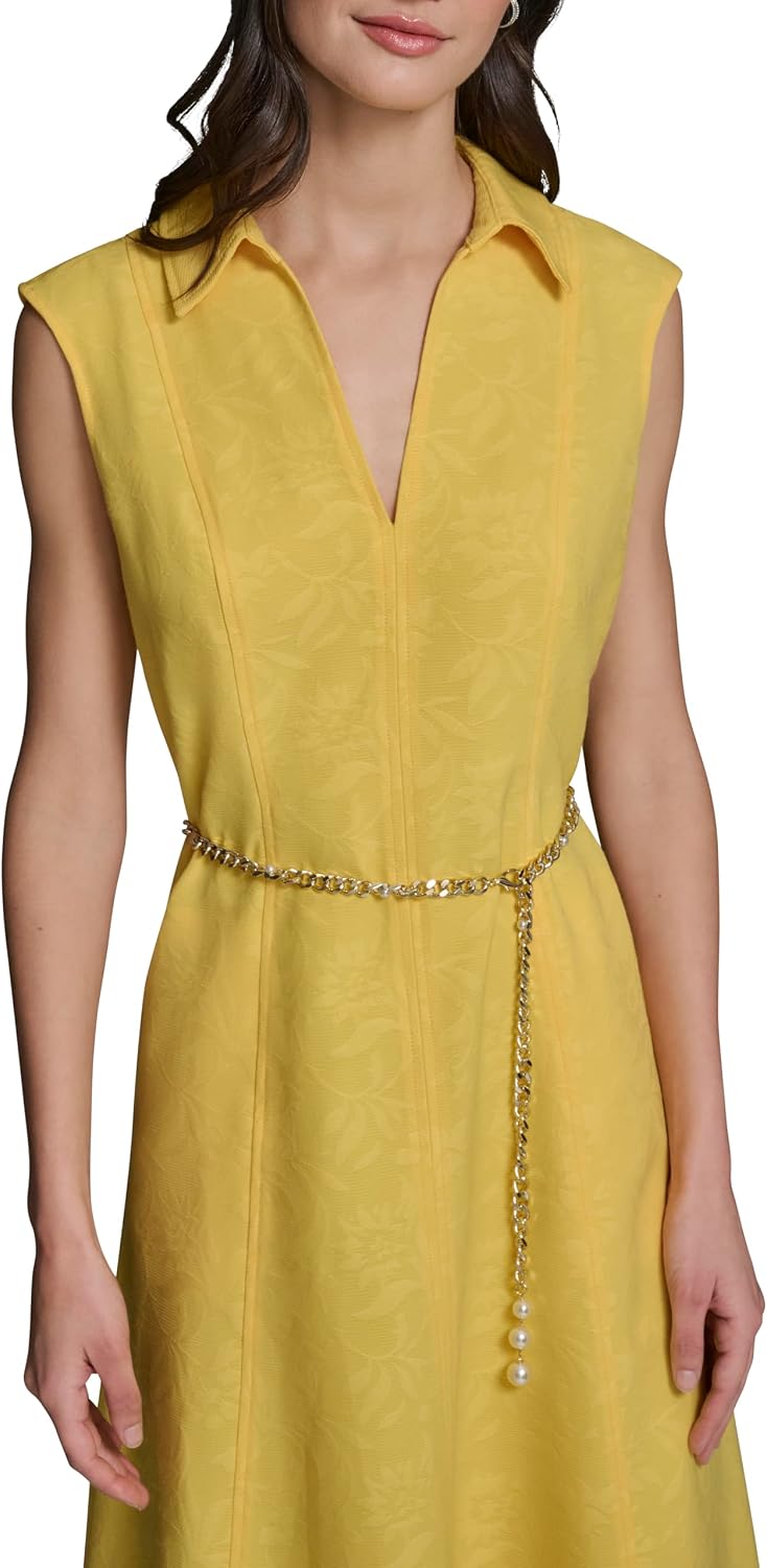 Karl Lagerfeld Women's Short Sleeve Collared Neck Floral Ottoman Midi Chain Belt Dress