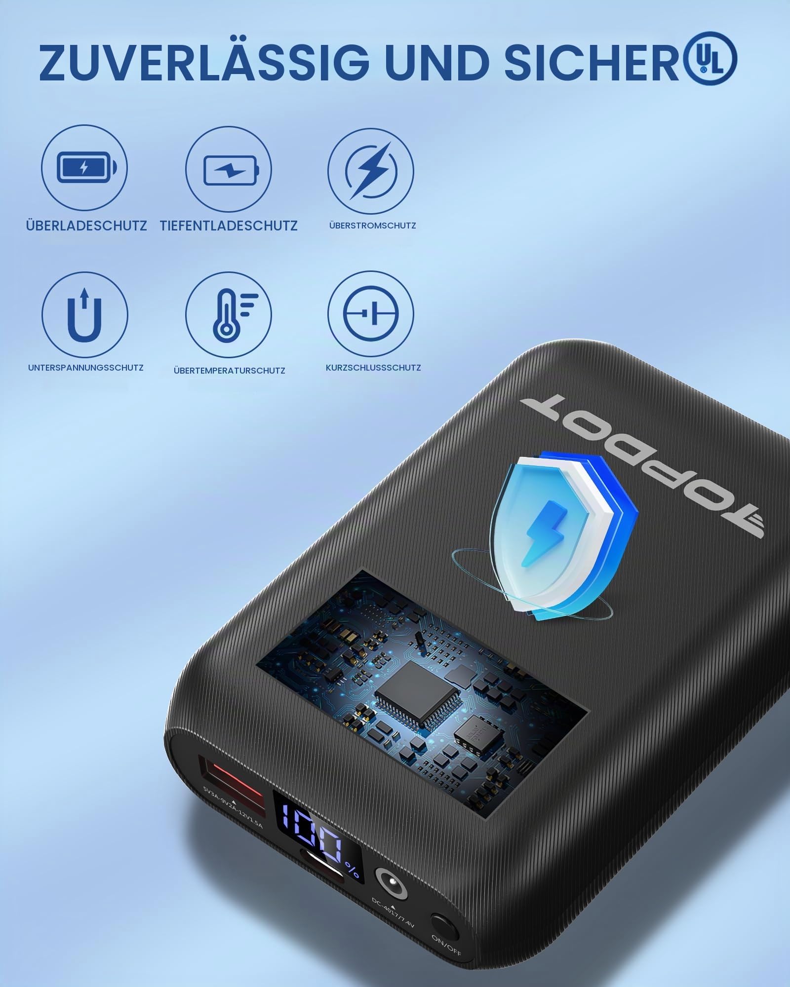 Topdot 16000mAh Powerbank für Heizweste, Beheizbarer Westen-Akkupack, DC- und USB-Ausgangsanschlüsse,7,4 V/5 V 16000mAh