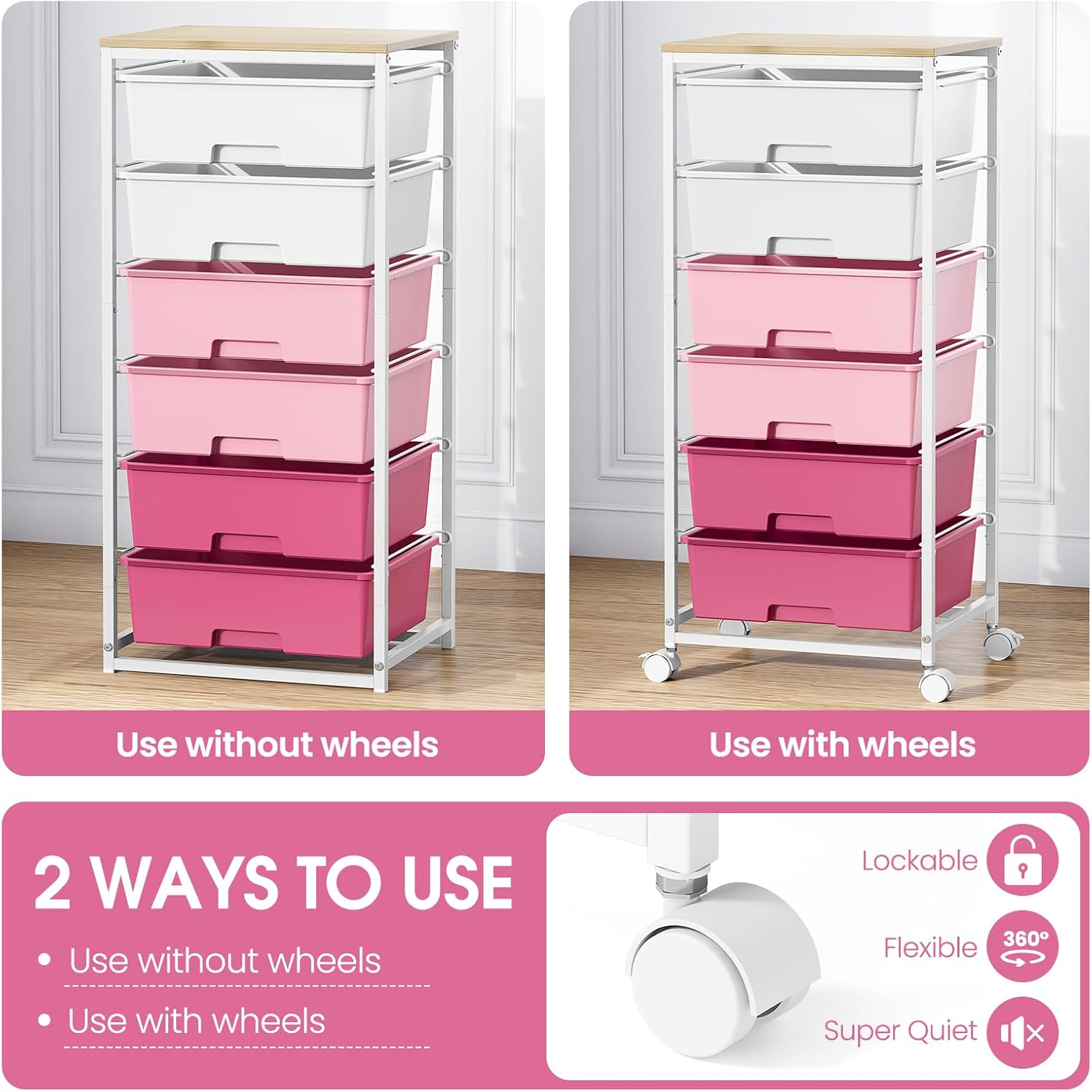 Rolling Storage Cart with Drawers,Utility Cart with 6 Large Drawers and Wooden Tabletop,Craft Storage Cart with Lockable Wheels for Bedroom, Office, Classroom, Kids'Room, Living Room (Pink)