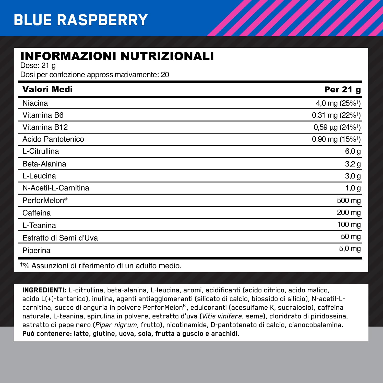 Optimum Nutrition ON Platinum PUMP Pre-Workout, Integratore Alimentare Pre-Workout Intenso Senza Caffeina con Fruitflow, Beta-Alanina, L-Arginina, L-Citrullina, Gusto Lampone Blu, 20 dosi, 420 g