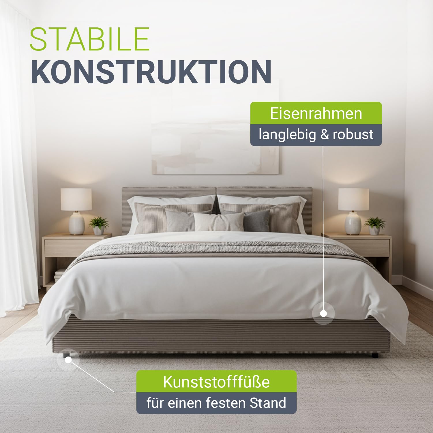 Juskys Polsterbett Salerno 180 x 200 cm mit Matratze – Cord Taupe, modernes Bett mit Kopf- & Fußteil, stabilem Holz- & Metallrahmen, Lattenrost, 500 kg Tragkraft