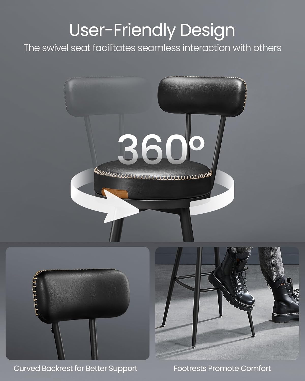Image demonstrating the 360-degree swivel seat, curved backrest, and footrests of the bar stool for user-friendly design and comfort.