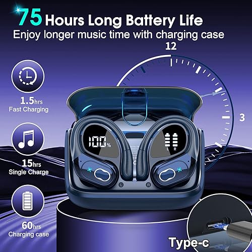 Miniatura 2 de Auriculares inalámbricos 75 horas Bluetooth 5.4 para deporte, auriculares Bluetooth 2025 con graves profundos, cancelación de ruido con micrófono,