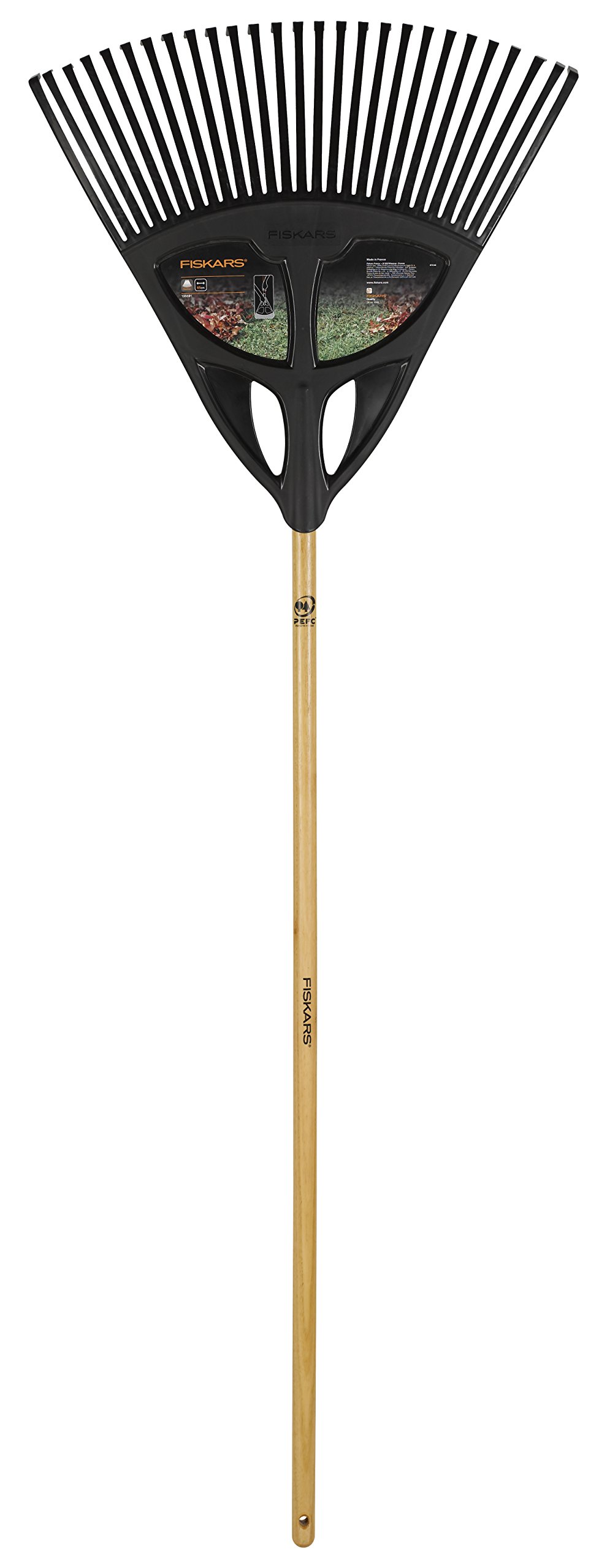 Fiskars Laubbesen, 27 Zinken, Breite 65 cm, Kunststoff-Zinken/Holz-Stiel, Schwarz/Holz, XL, Classic, 1001584, multi colour