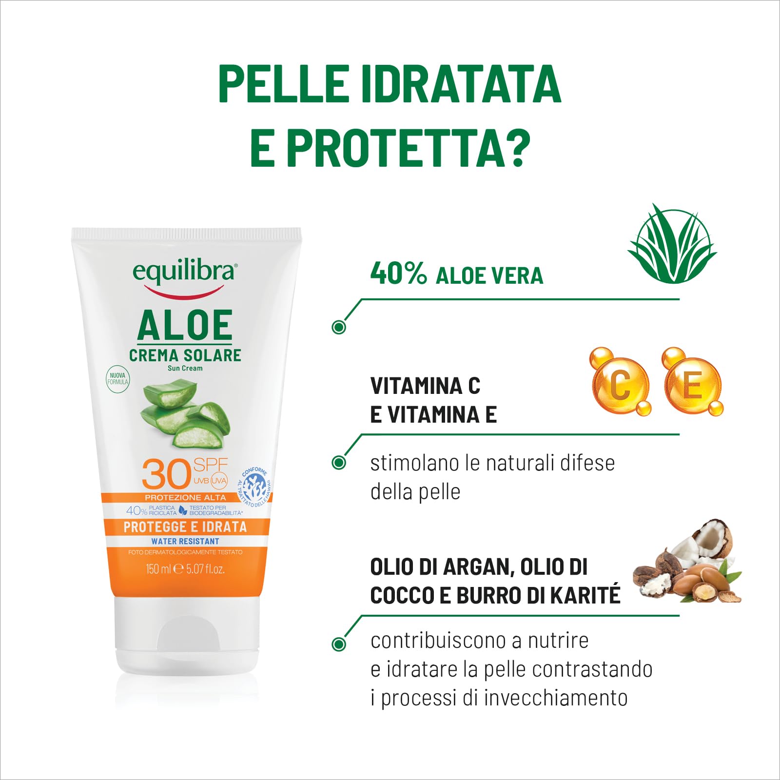 equilibra Solari, Aloe Crema Solare SPF 30 Travel Size, a Base di Aloe Vera, Vitamina C ed E, Olio di Argan, Olio di Cocco e Burro di Karité, Per un'Abbronzatura Sana e Naturale, Water Resistant, 75ml
