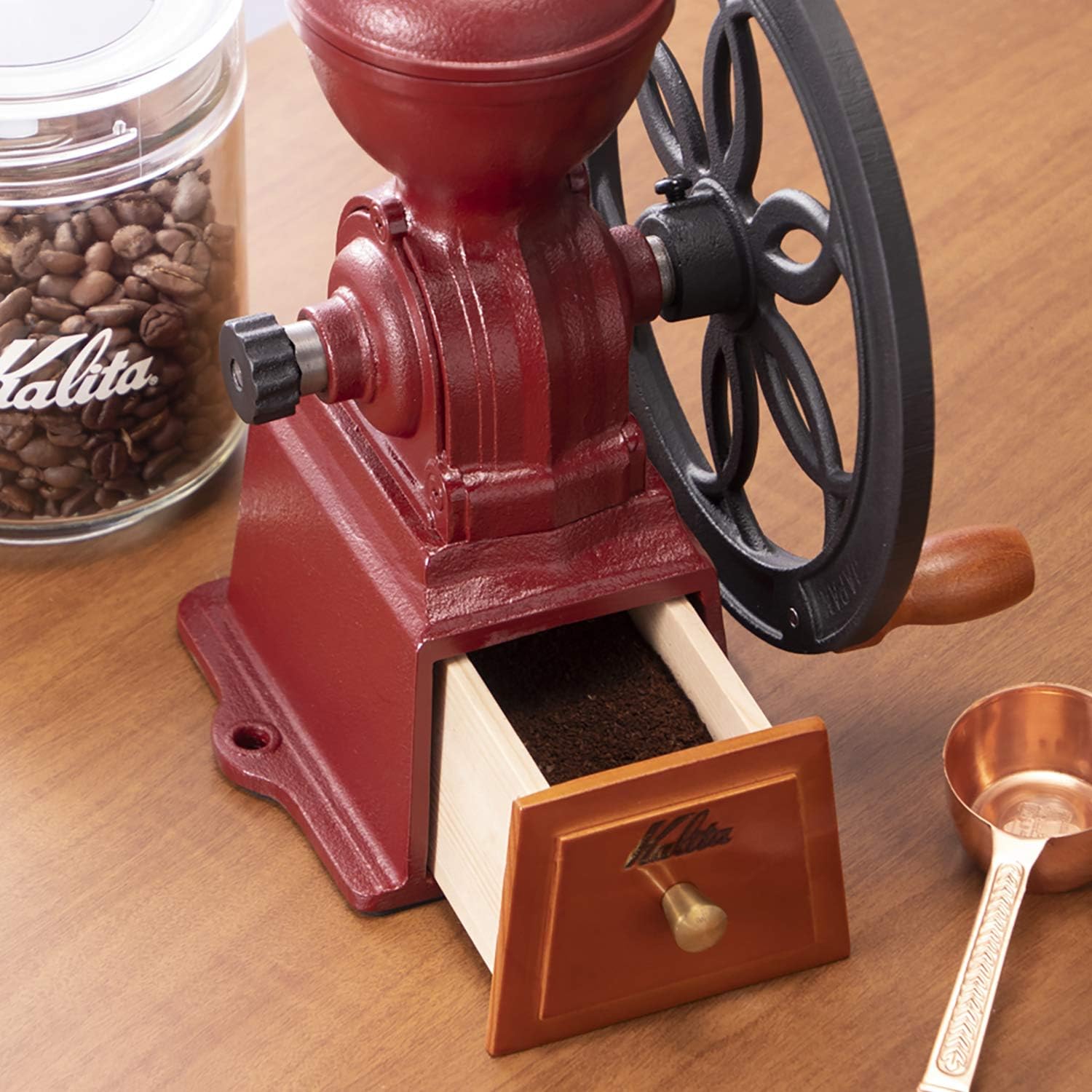 Kalita Coffee Mill, Cast Hand Grinding, Manual Diamond Mill, Red, N #42137 Antique Coffee Grinder, Adjustable Grinder, With Lid, Coffee Shop, Cafe