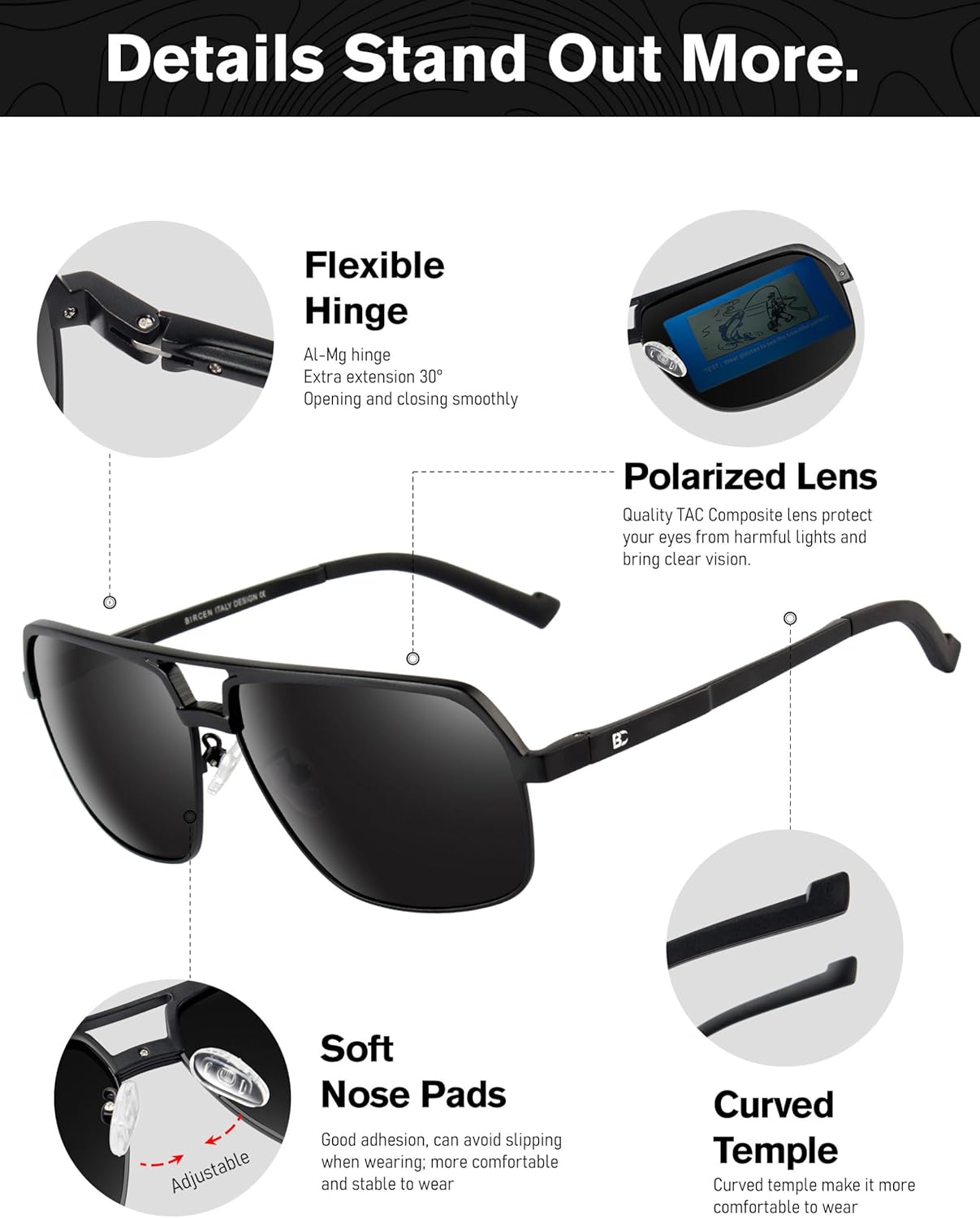 BIRCEN Polarized Sunglasses for Men - UV Protection Metal Square Trendy Shades with Classic Retro Style - Image 4