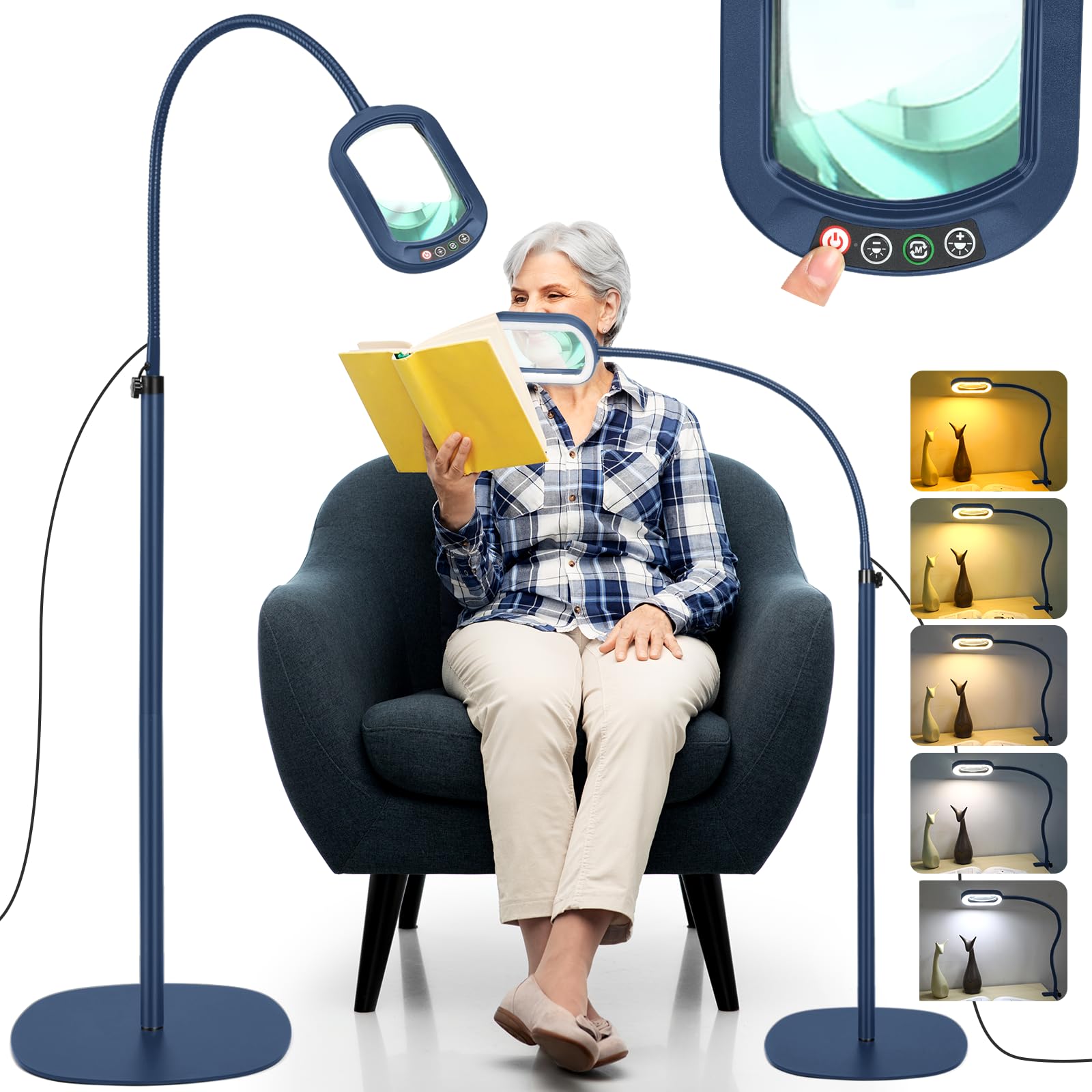 Veemagni 12X Rectangular Magnifying Glass with Light and Stand, 24" Flexible Gooseneck Floor Lamp, 3-in-1 LED 5 Color Modes Stepless Dimmable, Lighted Magnifier Hands Free for Reading, Crafting- Blue