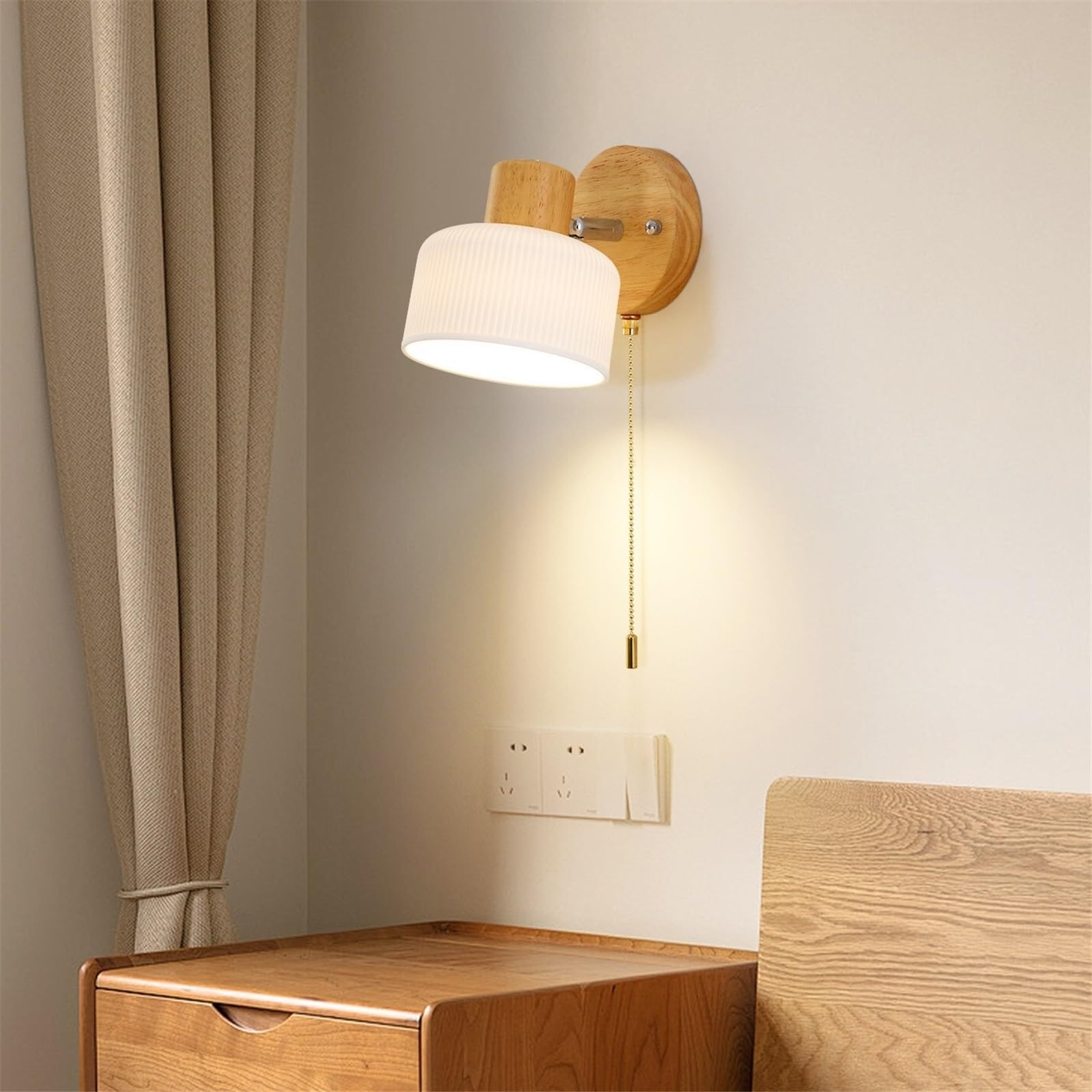 Applique da parete Lampada da parete in legno e ceramica con catenella paralume cilindrico per corridoio
