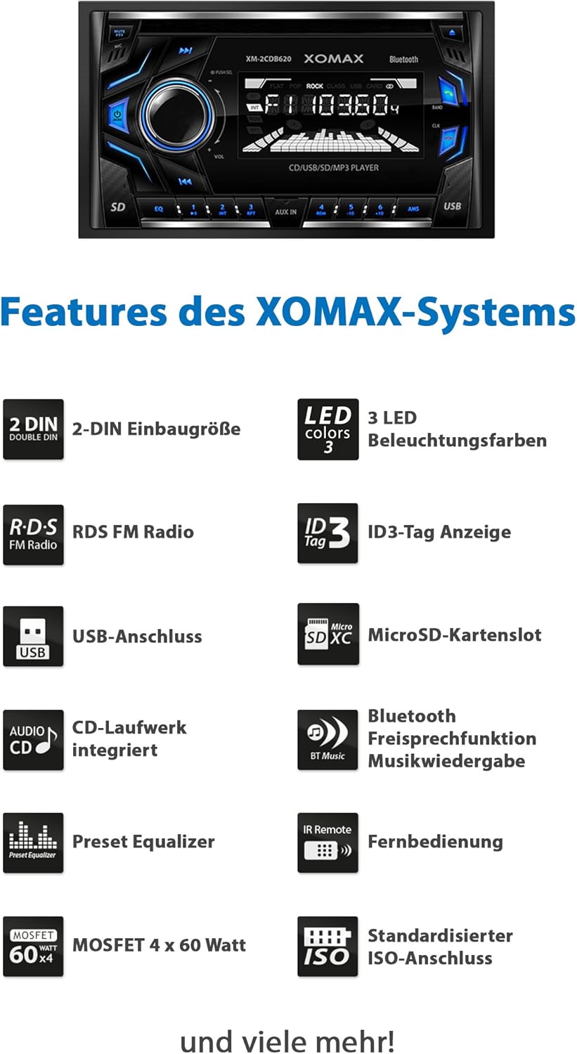 XOMAX XM-2CDB620 Car Radio display showing FM RDS features and radio station information.