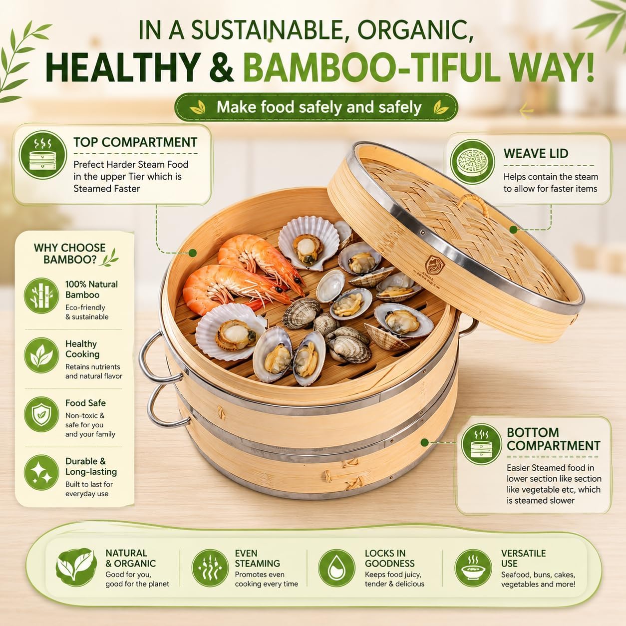 2-Tier Bamboo Seafood Steamer Basket 10 Inch for Cooking Dumplings, Vegetables, Seafood, Dim Sum & Bao Bun – Stainless Steel Reinforced Steaming Pot with Accessories