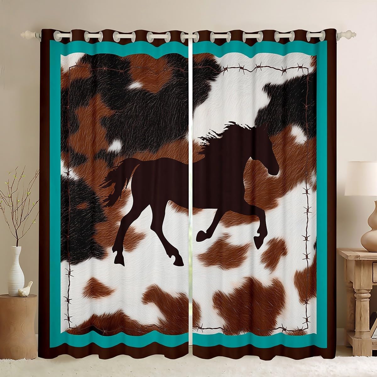Horse Darkening Dreapes Curtains for Bedroom Living Room Rustic Western Cowboy Cowhide Print Comforter Cover Decor Retro Farmhouse Horse Teal Blue Brown Window Treatments 2 Panels, 52 x 63 Inch