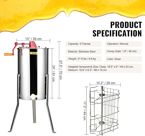Miniatura 33 de VEVOR Extractor de miel, extracción manual de apicultura de acero inoxidable de 2/4 marcos, tambor giratorio de panal con tapa transparente,