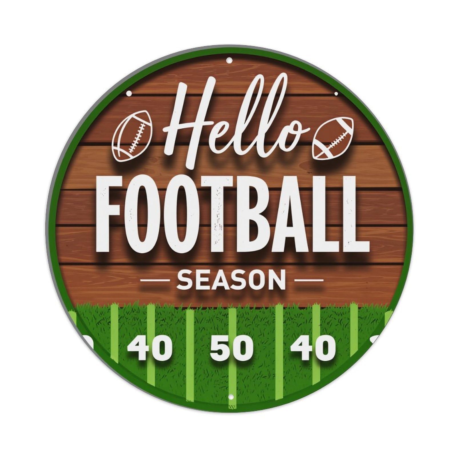 Hello Football Season Field Pattern Retro Metal Tin Sign, Vintage Metal Poster for Bar, Home, Man Cave, Kitchen, Laundry Room Art Decor 8x8 Inch