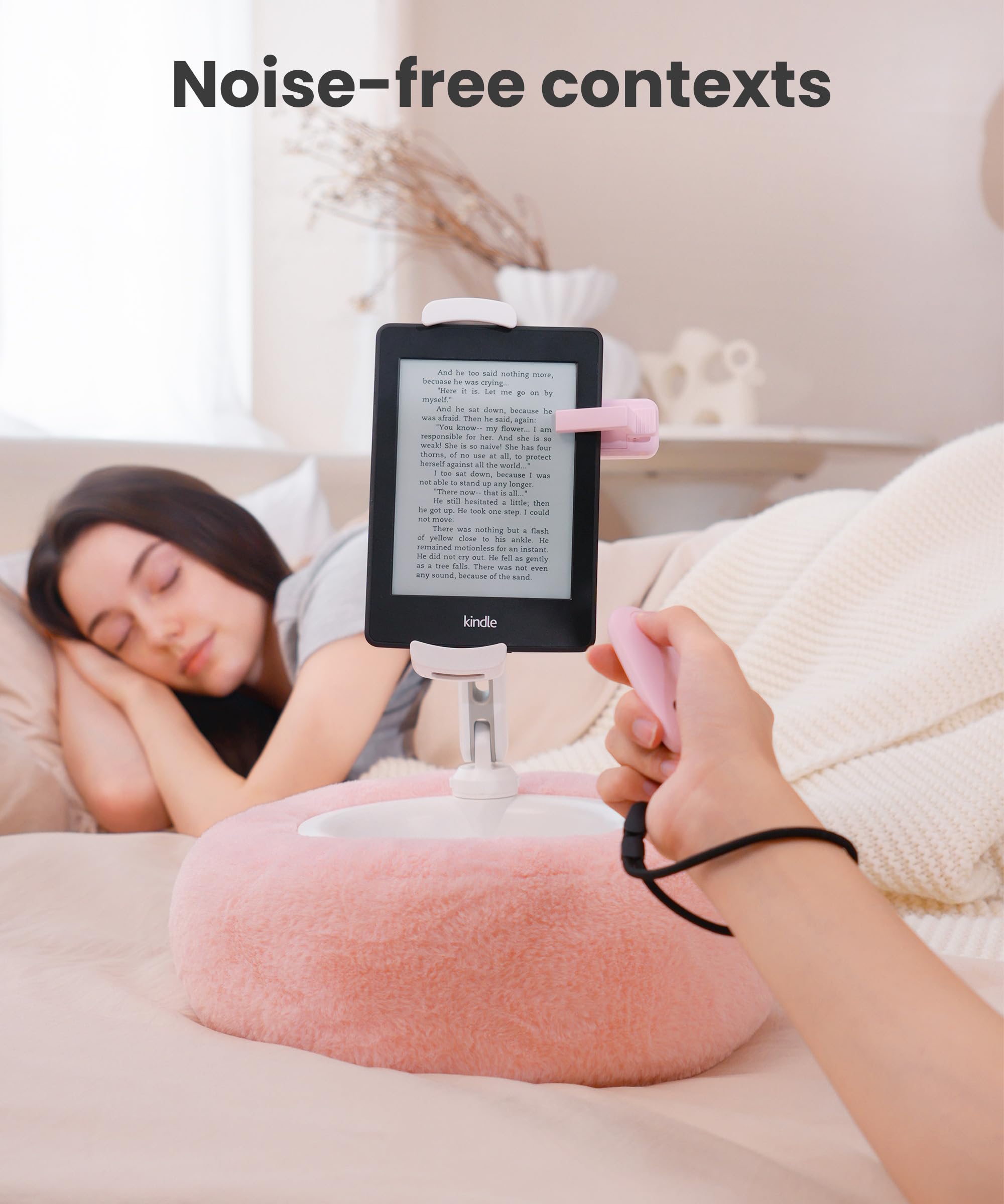 VOLTIFYMAX Coussin pour Tablette avec Tourne-Page Kindle, Support iPad 360° Réglable et Bol à Snacks, Compatible Kindle 4.7"-13"/Paperwhite/iPad/iPhone/Samsung, Rose