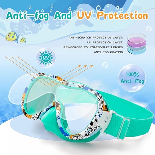 Miniatura 4 de Gafas de natación para niños con cubierta para la nariz, máscara de esnórquel panorámica de 180 con diseño antivaho y antifugas, correa de tela