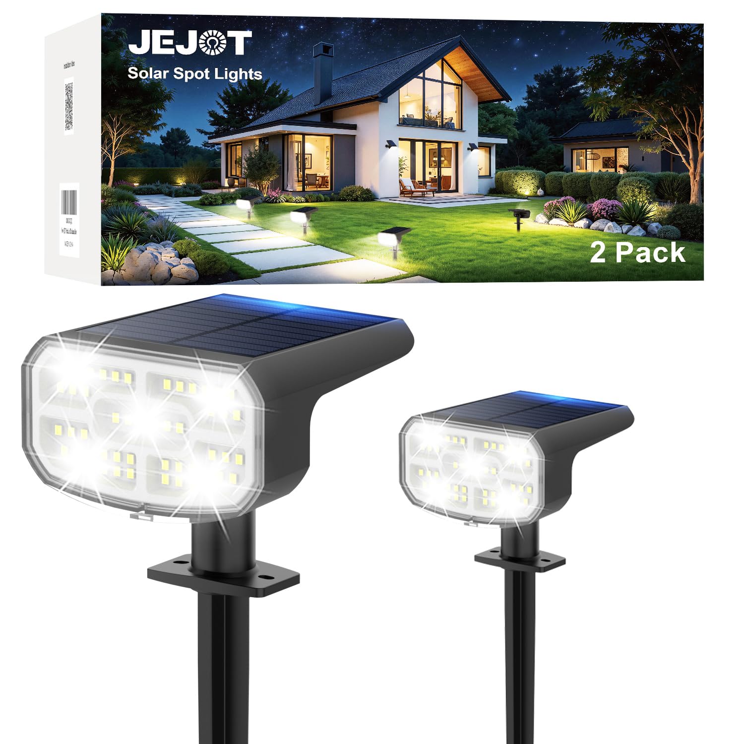 JEJOT Solarleuchten für den Außenbereich, wasserdicht, IP65, superhelle LED, 2 CCT, 4 Beleuchtungsmodi, 3000 K/6500 K wählbar, solarbetriebener Hof-Gartenstrahler, Solarleuchten für Außenlandschaft