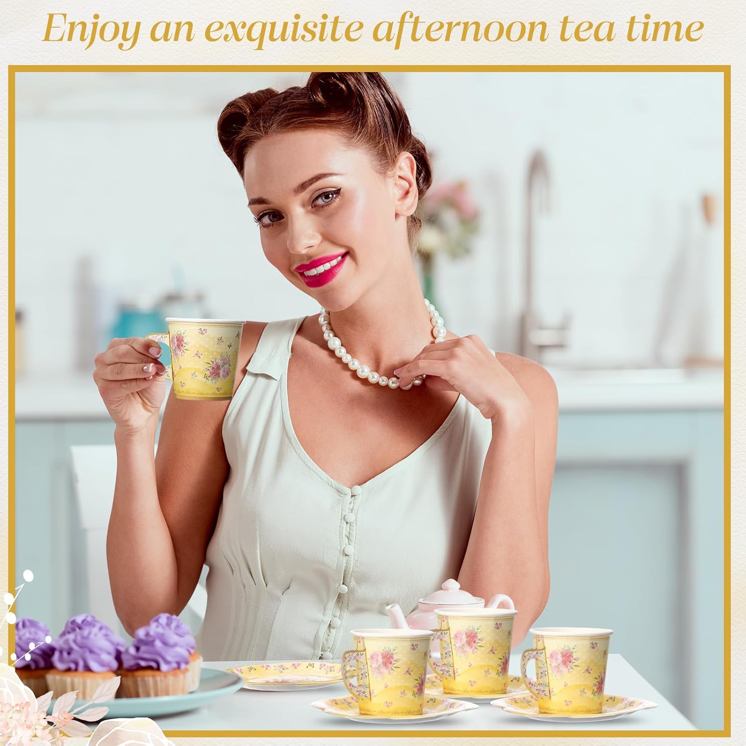 Rtteri 100 Pcs Tea Party Decorations - 50 Disposable Tea Cups & Saucers - 6.5 oz Paper Tea Cups & Plates - Floral Tea Party Decorations for Women Birthday Princess (Light Yellow) - Image 5