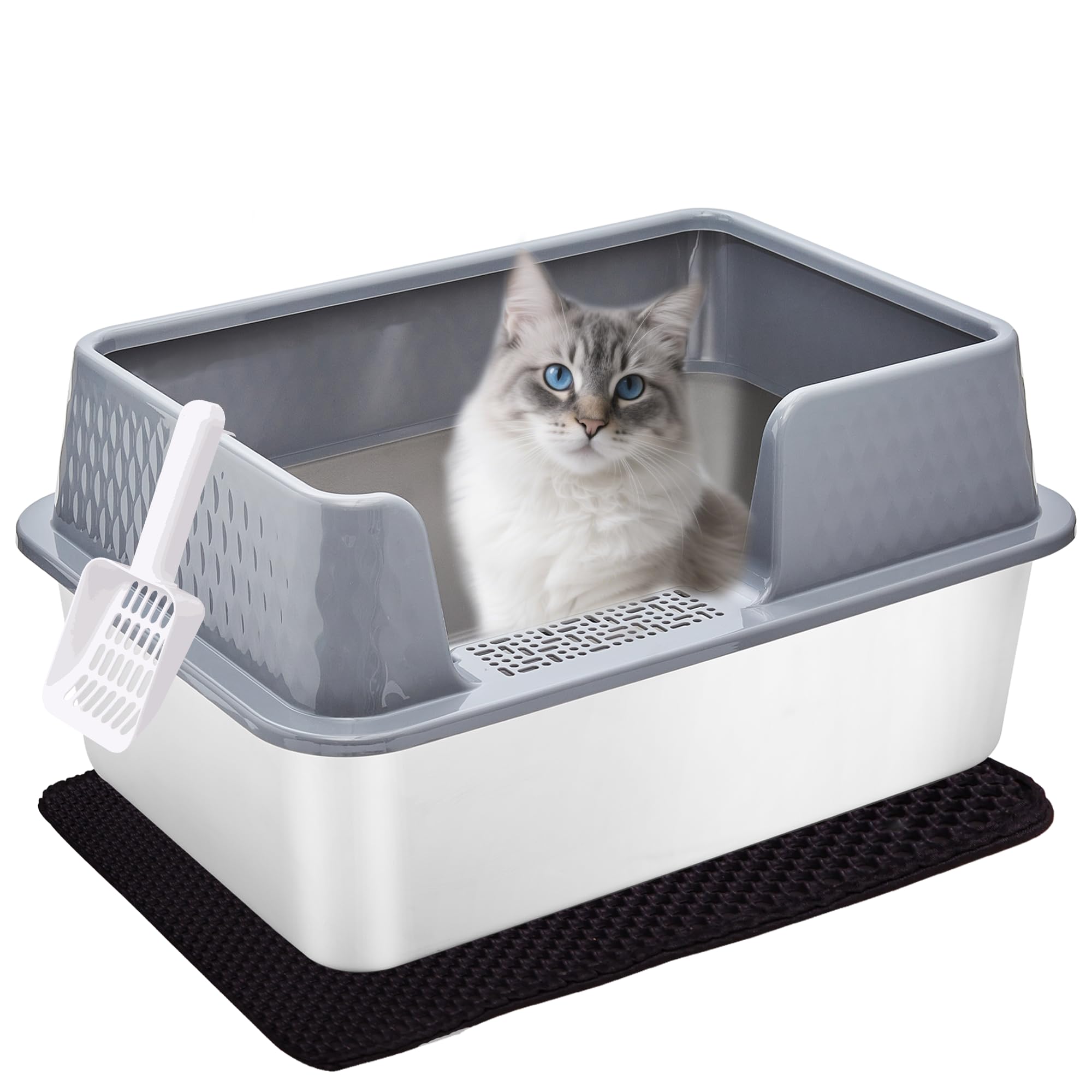 Large Stainless Steel Cat Litter Box with lid Cover Mats Scooper Small High Sided Enclosed Metal Kitty Litter Box for Kittens or Senior Cats with Grey Enclosure