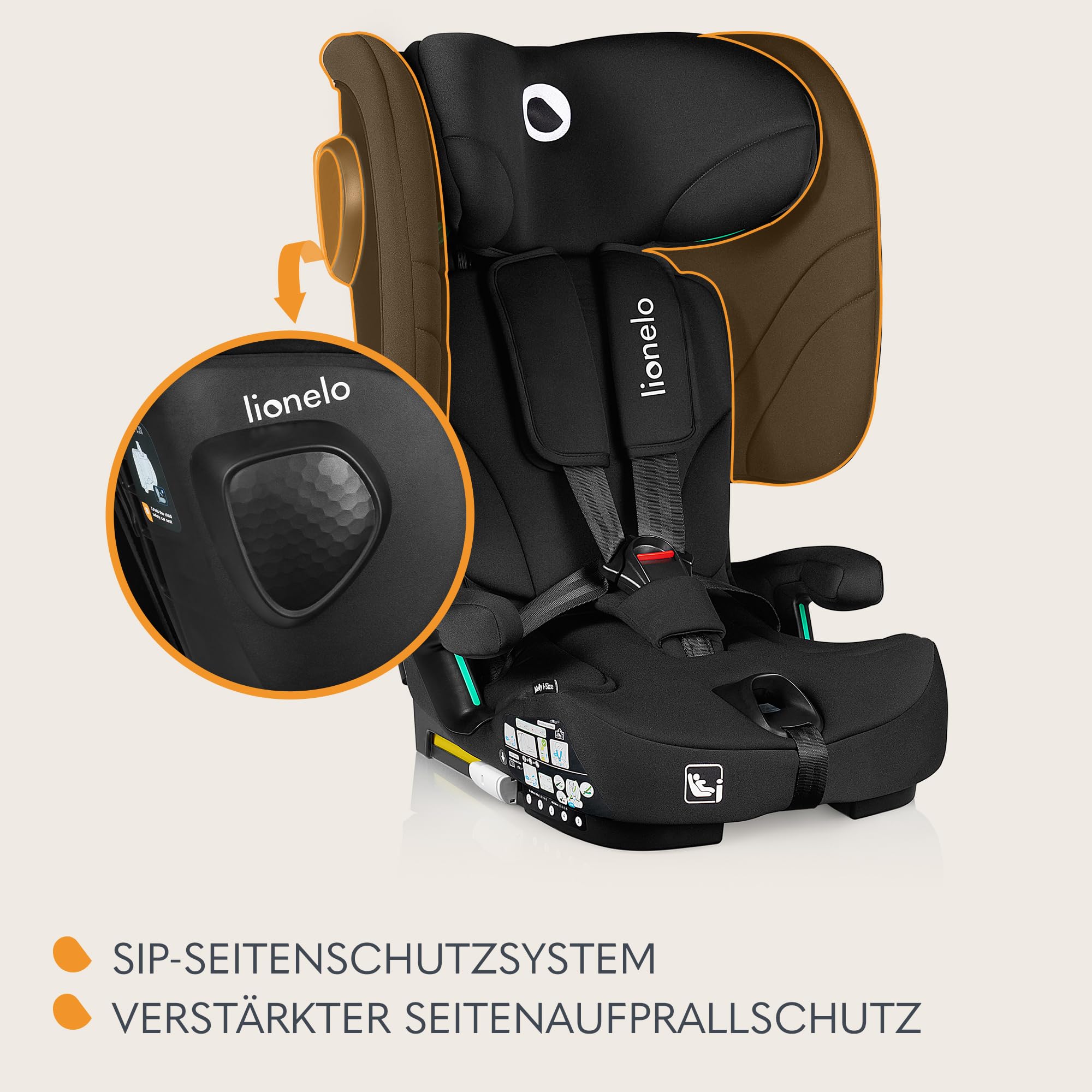 LIONELO NELLY I-SIZE Faltbarer Kindersitz 76-150 cm (ca. 15 Monate - 12 Jahre) Gruppe 1 2 3 Einbau mit ISOFIX und TT-Gurt hinten, Seitenschutz, Kopfstützen- und Rückenlehnenverstellung