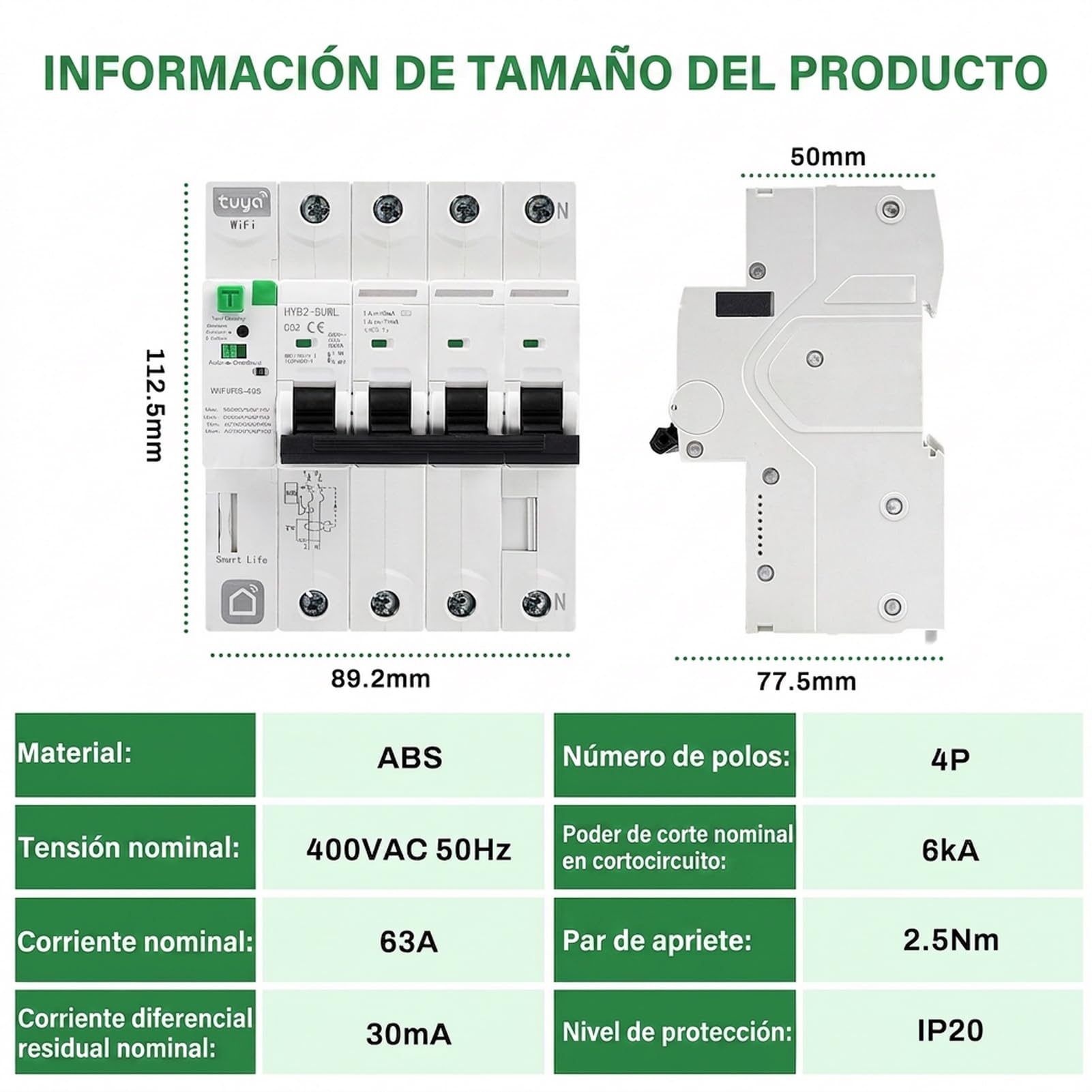 Disyuntor inteligente wifi 63A 30ma magnetotermico 380V 4P TUYA/Smart Life APP Recovery inteligente de reconexion interruptor Proteccion contra fugas contra fugas por subtension.