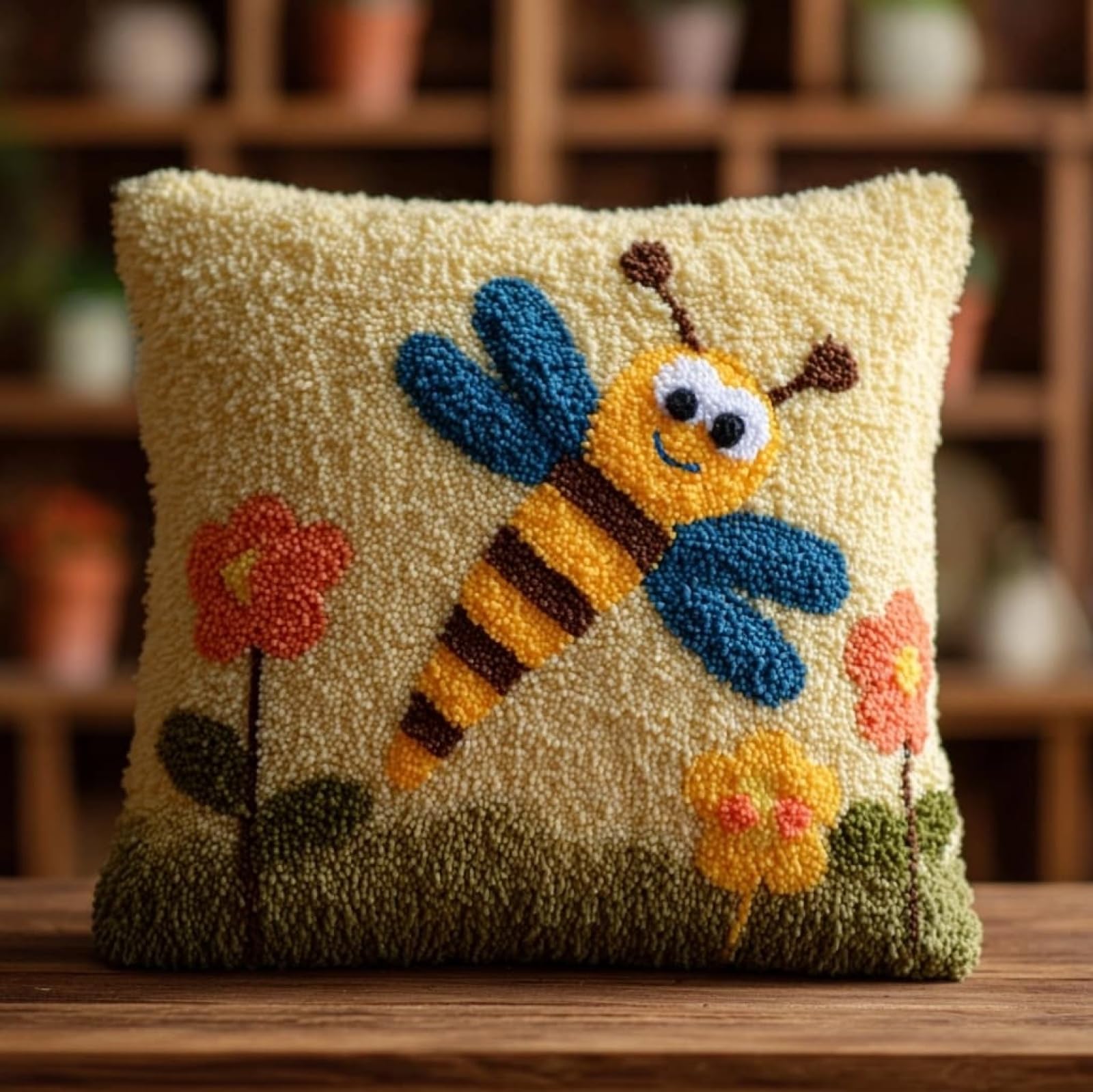 AxiangziK Latch Hook Cushion Kit 43x43cm,Cartoon Dragonfly Complete Needlecraft Set with Pre-Cut Yarn & Tools,Creative Home Decor Gift for All Ages